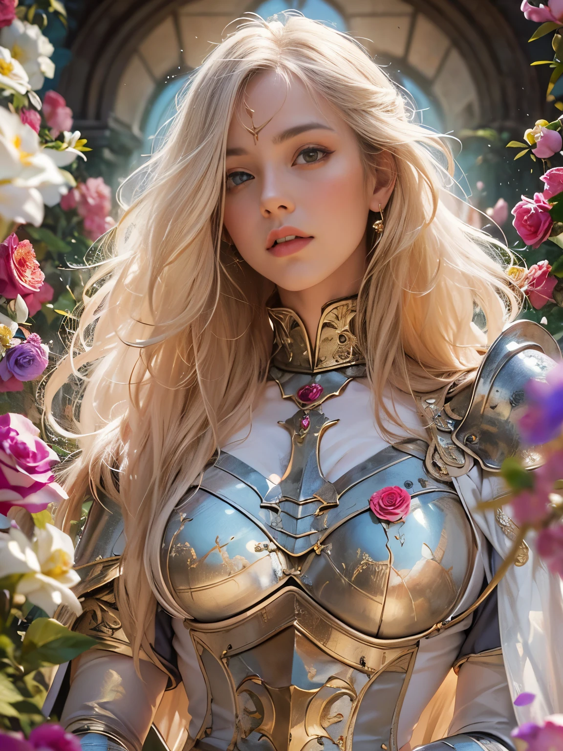 (8k, highest quality, masterpiece)，{Realistic, RAW Photos, Super Fine Clear, Portraiture, (Influenced byRaphael's Painting style:1.6)}, Realistic Light, Detailed skin, (Beautiful woman with slim figure, Age 25, knight:1.5), Thin legs, fine grain, Long white hair, Detailed fingers, thin, Sexual, Expressions of Ecstasy, Dynamic and sexy pose, (big Bouncy Firm Bust:1.4), (knight Medieval metal armor:1.2),(The armor has a wide opening at the chest;1.6), Exposing the breasts, (arcadia, Flower Storm, many flowers:1.8), Wide and beautiful view, (rose garden in 15th century:1.5),