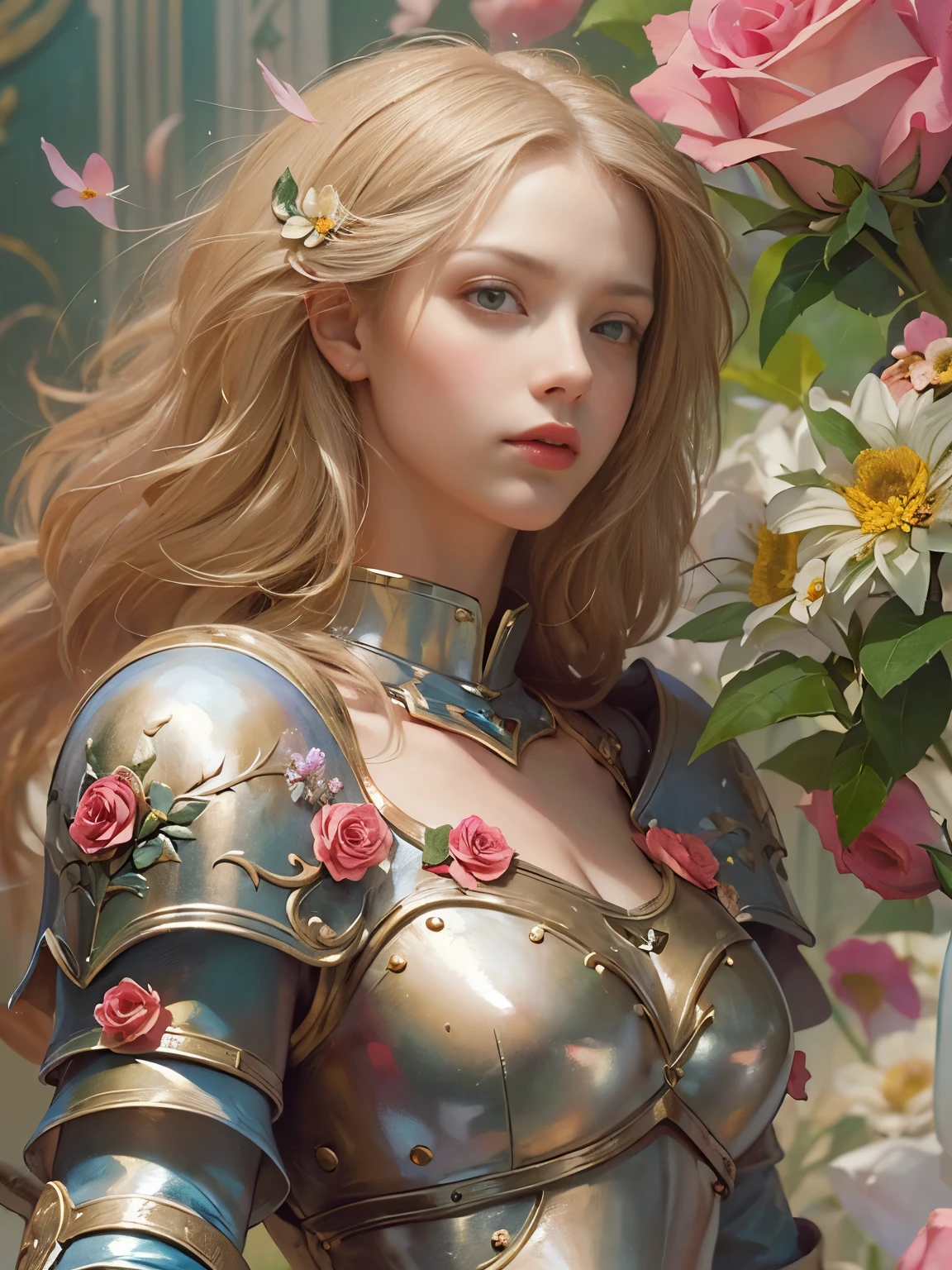 (8k, highest quality, masterpiece),{Realistic, RAW Photos, Super Fine Clear, Portraiture, (Influenced byRaphael's Painting style:1.6)}, Realistic Light, Detailed skin, (Beautiful woman with slim figure, Age 25, knight:1.5), Thin legs, fine grain, Long white hair, Detailed fingers, thin, Sexual, Expressions of Ecstasy, Dynamic and sexy pose, (big Bouncy Firm Bust:1.4), (knight Medieval metal armor:1.2),(The armor has a wide opening at the chest;1.6), Exposing the breasts, (arcadia, Flower Storm, many flowers:1.8), Wide and beautiful view, (rose garden in 15th century:1.5),