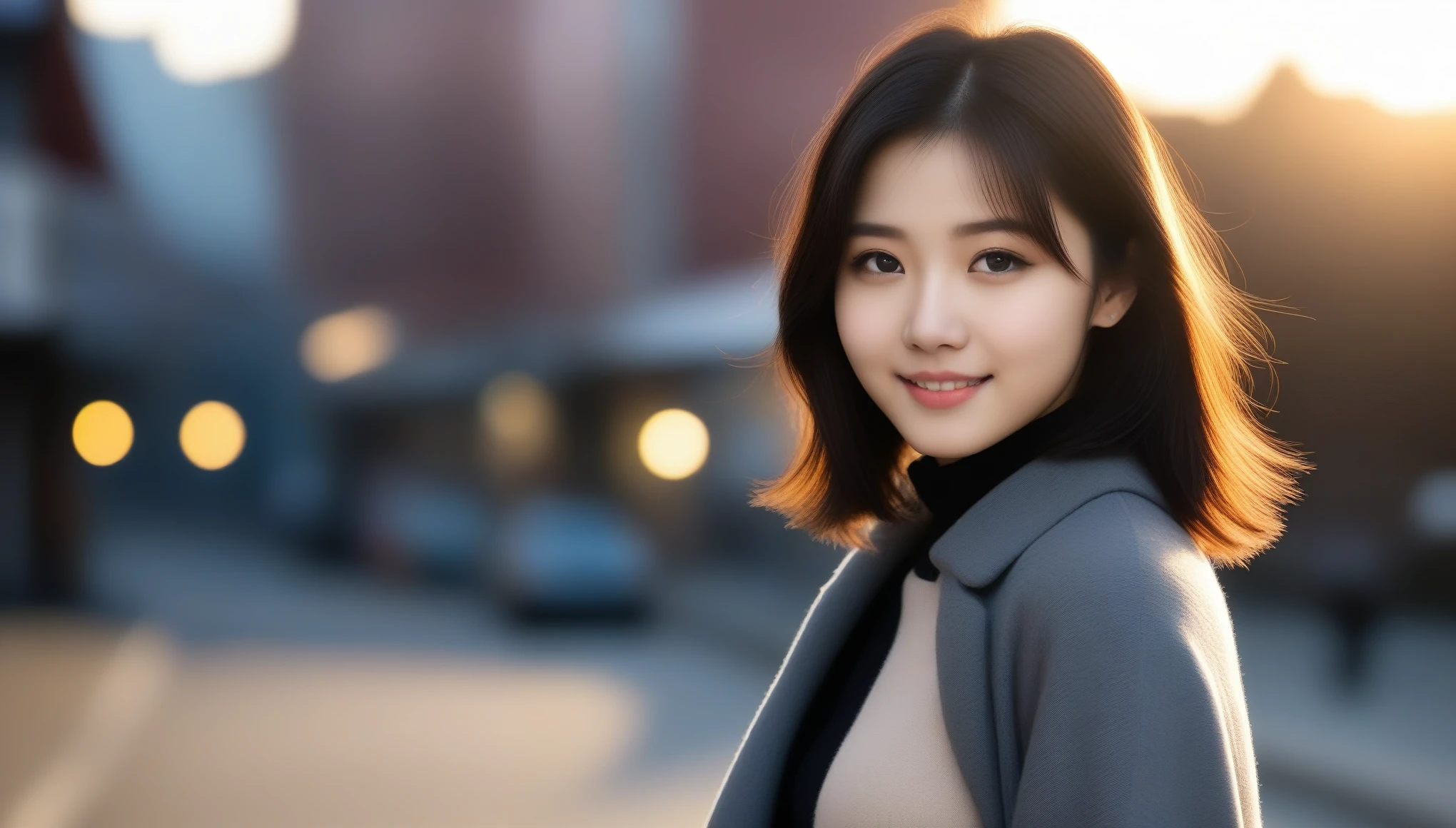 8k, Ultra-high resolution, highest quality, masterpiece, Surreal, photograph, 1 girl, (:1.3), cute girl, cute face, Beautiful eyes in every detail, masterpiece, highest quality, (highest quality,masterpiece:1.3,Ultra-high resolution),(Very detailed,Caustics,8k),(Realistic:1.4,RAW shooting),At dusk,sunset,Warm Light,Backlight,wonderful,Lens flare,street,24-years-old,cute,Japanese,Short black hair,The best smile,big ,down coat,Turtleneck sweater,Long skirt,Low position,Low Angle,Blur the background,Natural light , (((whole body))),、super cute super model、Look closely at the camera 、wonderful details、detailed、Surreal、Light and shadow,Strong light,Fashion magazine cover,Thin lips
