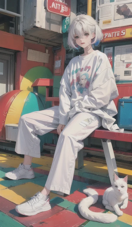 Relaxed character and white cat Jazz rainbow