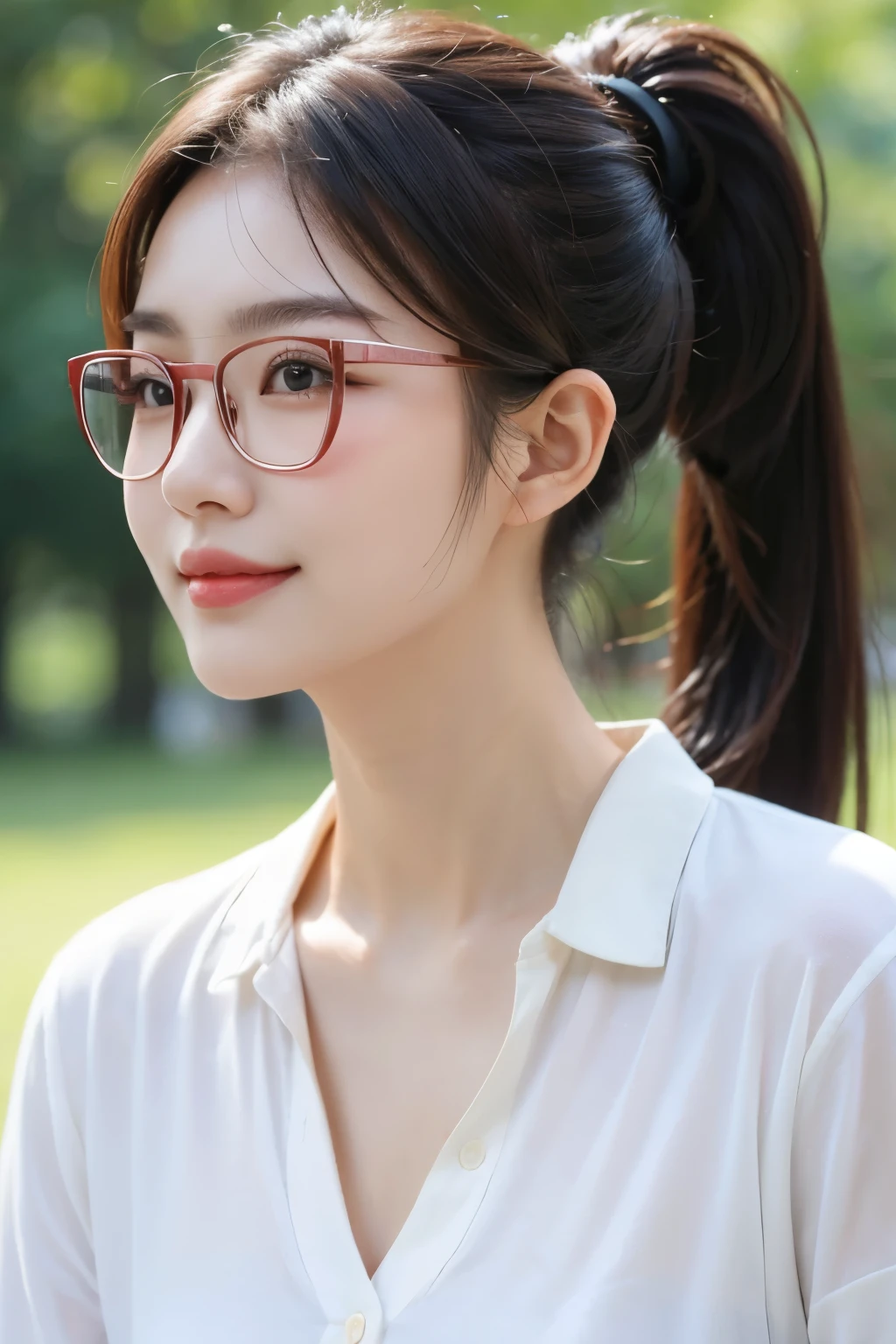 A very beautiful, pretty Korean woman with ponytail hair wearing a white shirt in the park with blushing cheeks and sweet smile wearing a glasses