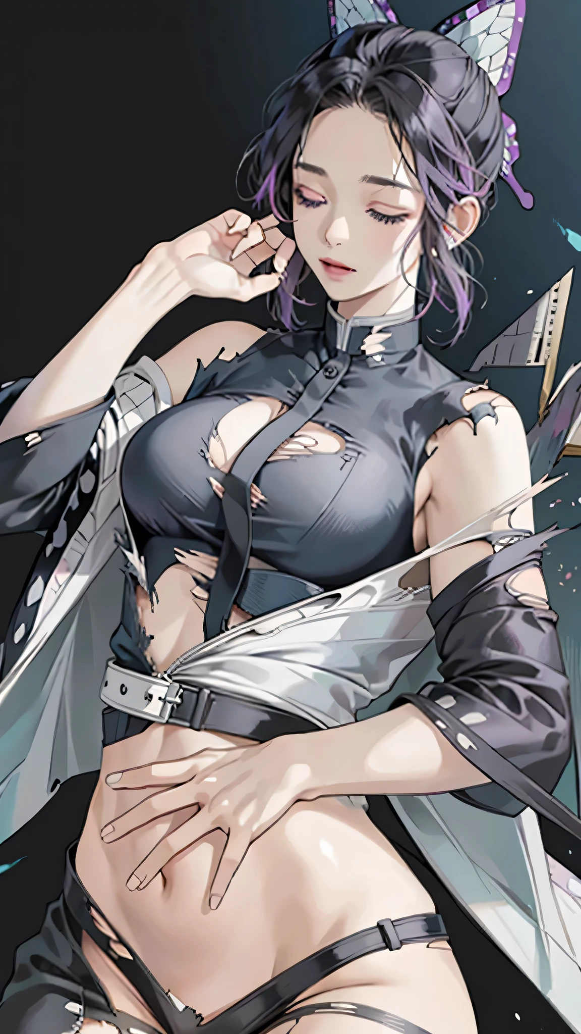 Realistic, High resolution, Soft Light,1 Female, alone, Hip Up, (Detailed face), we \(one piece\), tattoo, jewelry,kochou shinobu,Multicolored Hair,No bangs,Hair Intake,Purple eyes,amount,Black Shirt,Black trousers,Haori,butterfly,button,belt, knife, ((torn clothing:1.5)), ((Close your eyes and yawn loudly)), ((Voluptuous body)),