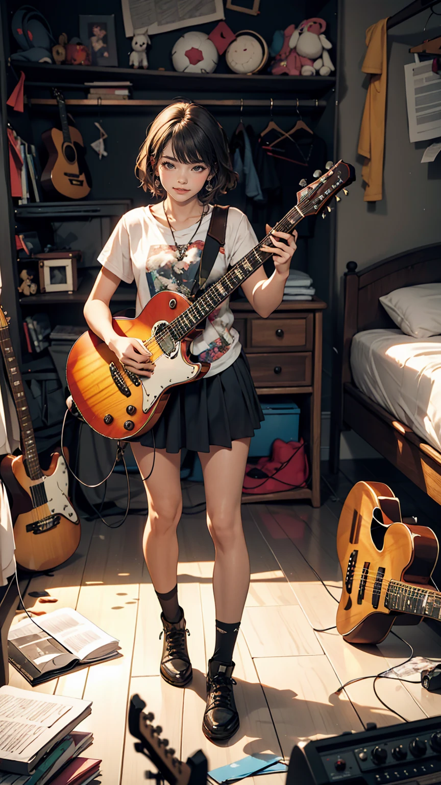 mouth, One girl, alone, In a messy room, guitar,smile