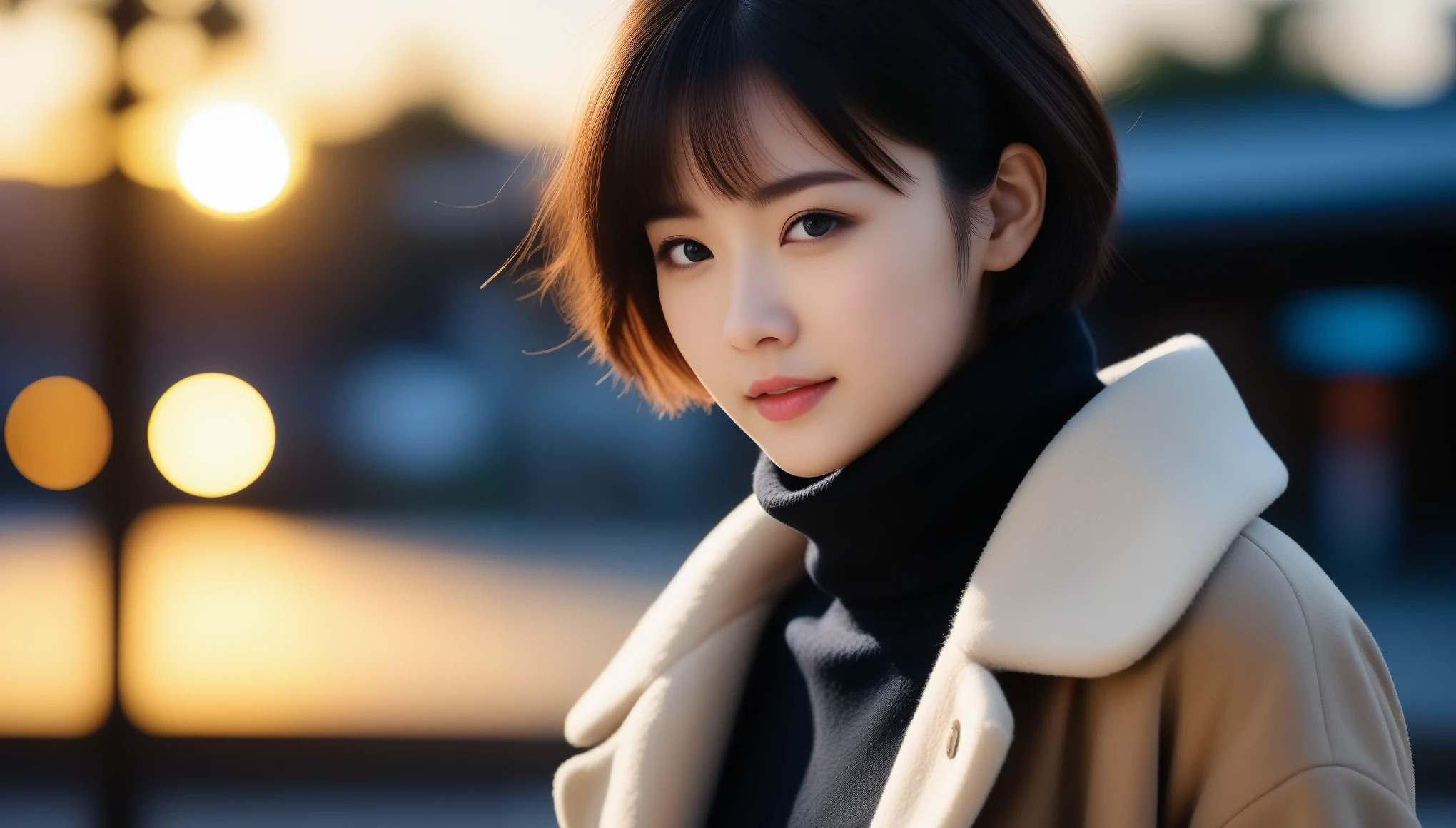8k, Ultra-high resolution, highest quality, masterpiece, Surreal, photograph, 1 girl, (:1.3), cute girl, cute face, Beautiful eyes in every detail, masterpiece, highest quality, (highest quality,masterpiece:1.3,Ultra-high resolution),(Very detailed,Caustics,8k),(Realistic:1.4,RAW shooting),At dusk,sunset,Warm Light,Backlight,wonderful,Lens flare,street,24-years-old,cute,Japanese,Short black hair,The best smile,big ,down coat,Turtleneck sweater,Long skirt,Low position,Low Angle,Blur the background,Natural light , (((whole body))),、super cute super model、Look closely at the camera 、wonderful details、detailed、Surreal、Light and shadow,Strong light,Fashion magazine cover,Thin lips