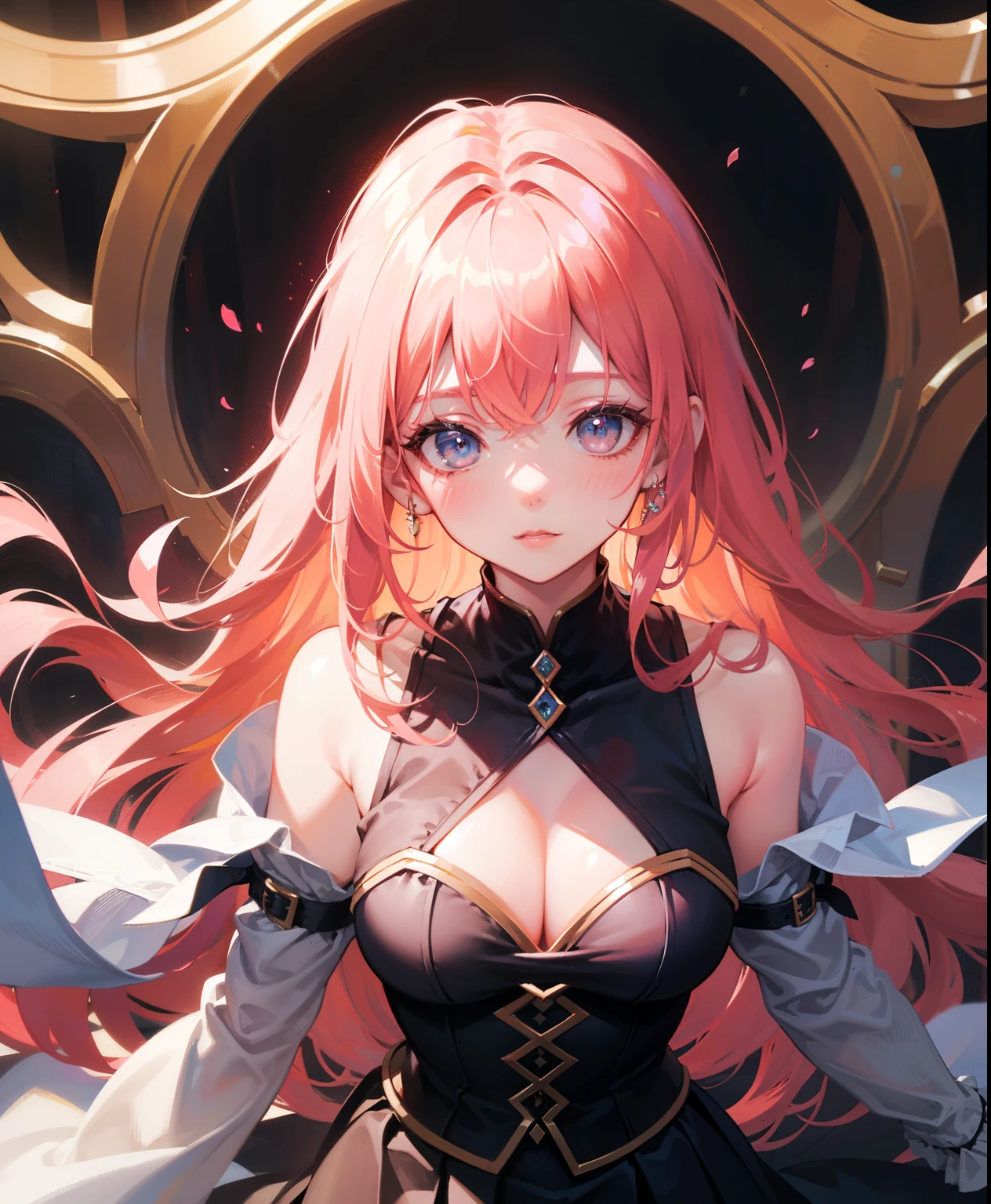 Princess of lightness,pink hair,busty,Glamour,Gorgeous,Jewelry,monochromes,Gothic goddess,light Fantasy,light Venus,erotic posing,Dynamic Posing,Dramatic,Cinematic,(Detailed background),Gothic background,light fantastic view,Best Quality,masutepiece,8K,The ultimate detailed light background, Top image quality、RAW photography、超A high resolution、show legs,cropped shoulders,close-up all over the body,Be red in the face,overall look is very erotic。(Hand optimization),(Details are strengthened),(High Picture Quality) An 18-year-old female、Shot for one person only、model shoot、medium breasts、Wearing a black skirt、Beautiful Eyes of Details、Very slender eyes、Beautiful eyelashes、beautiful double eyelid、Very slim physique, Shy, with blush cheeks
