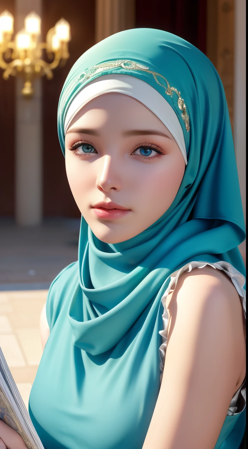 1girl, solo, beautiful face, high detailed realistic eyes, double eyelids, high detailed realistic pupils, (upon body from head to waist:1.36), (wearing hijab:1.37), (moslem headscarf:1.37), reading glasses, sitting alone on a long chair, amazing mosque park background, taj mahal, best quality, masterpiece, highres, black and white moslem female dress, Beautiful face, (upon body from head to waist:1.35), tyndall effect, photorealistic, dark studio, two tone lighting, 8k uhd, dslr, soft lighting, high quality, volumetric lighting, candid, Photograph, high resolution, 4k, 8k, Bokeh, (hyperrealistic girl), (illustration), (high resolution), (extremely detailed), (best illustration), (beautiful detailed eyes), (best quality), (ultra-detailed), (masterpiece), (wallpaper), (photorealistic), (natural light), (rim lighting), (detailed face), (high detailed realistic skin face texture), (anatomically correct), (heterochromic eyes), (detailed eyes), (sparkling eyes), (dynamic pose), (hair completely covered by the hijab:1.35), looking to viewer, muslim clothing 