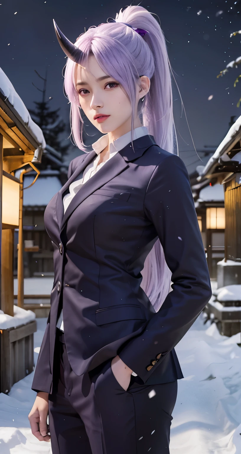 Realistic, (4K), Depth of written boundary, (masterpiece), (Realistic skin texture), Very detailed, Complex, Super detailed, Professional photography, Bokeh, High resolution, Sharp details, highest quality, woman,  Purple Hair, ponytail, Purple eyes,  Purple Suit, Purple Pants, Horn, Head Down , Japanese architecture, torii, winter, (it&#39;s snowing:1.3), Crystal of snow, cold, frozen, performer, (Night Sky:1.3), snow Road, smile,