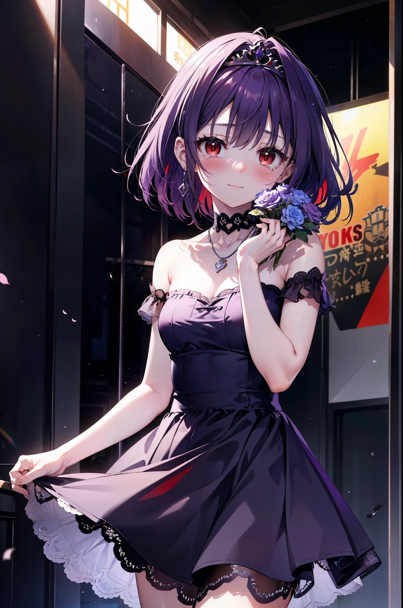 yuukikonno, Yuki Konno,Long Hair, tiara,Pointed Ears, Purple Hair, (Red eyes:1.5), (Small breasts:1.2), smile,Purple Dress,Purple long skirt,Purple stiletto heels,Sleeveless,Expose your shoulders,Bare arms,Bare neck,bare clavicle,She is holding a large bouquet of flowers in both hands.,There is a big cake on the table,Heart Necklace,Tears stream down her face,Tears of joy,I cry a lot,上から下へ覗き込む
break indoors, Party Venue,on stage,
break looking at viewer, Upper Body, (Cowboy Shot:1.5),
break (masterpiece:1.2), highest quality, High resolution, unity 8k wallpaper, (shape:0.8), (Beautiful details:1.6), Highly detailed face, Perfect lighting, Extremely detailed CG, (Perfect hands, Perfect Anatomy),