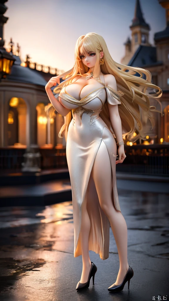 Blonde long-haired, big-breasted beauty with cleavage, muscular abs, evening dress, black stockings, high-heeled shoes, European-style palace