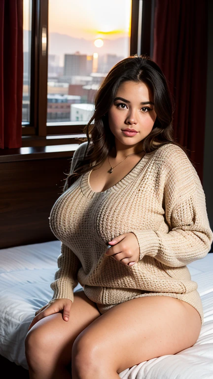 a beauty chubby girl in an oversized sweater, sunset, big breast, sit, sexy photo pose, hotel room, windows, detailed detail, real skin texture, 