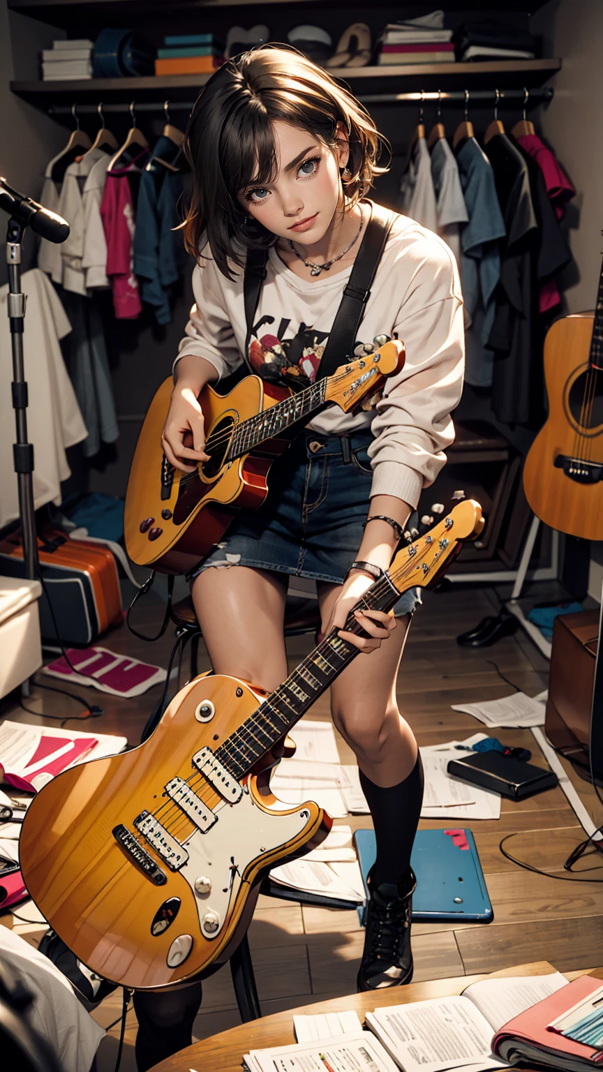 mouth, One girl, alone, In a messy room, guitar,smile