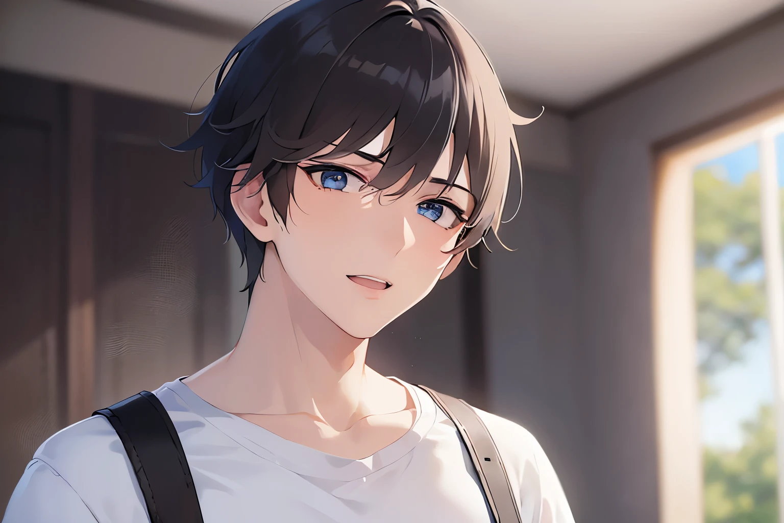 rising hand, Biologically correct five fingers、extremely detailed CG, 8k, super fine illustration, close-up of your face, masterpiece, top quality, masterpiece, top quality, (25 year old man: 1.5) and (short black hair) and (blue eyes) , (white T-shirt:1.5) and (black apron), standing, smile, open mouth, background is the living room, (alone: 1.5),