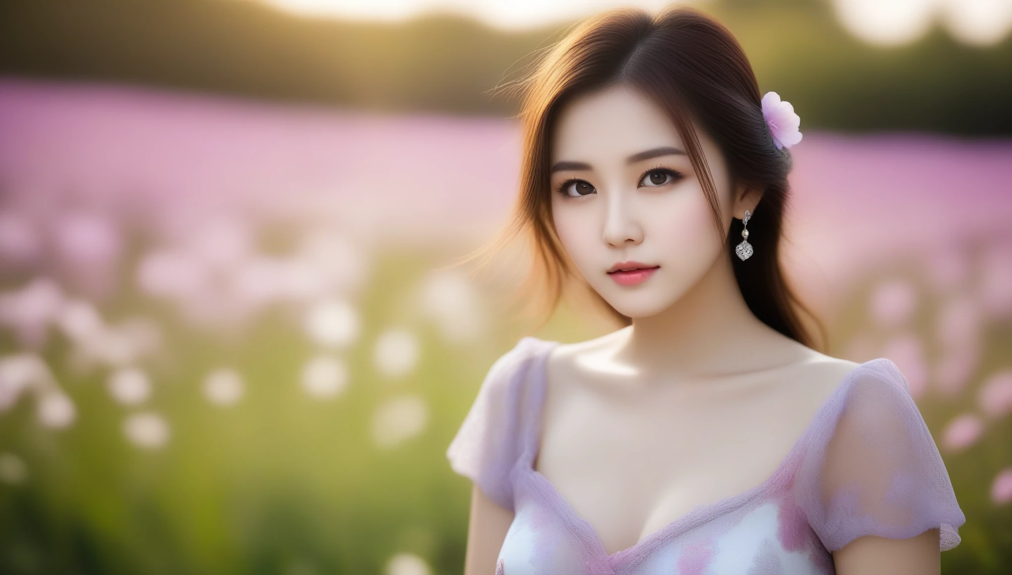 8k, 超High resolution, highest quality, masterpiece, 超Realisticな, photograph, 女の子1 person, (40 years old:1.3), pretty girl, Cute face, Beautiful eyes in every detail, 細かくdetailedに, Dark brown hair、Light brown eyes、The Face of Japan、 Lady、私は40 years oldくらいです.....1 person、(複雑なdetailed:1.2)、 (超High resolution:1.2)、超High resolution、(Finely tuned)、8k resolution、Long Hair、masterpiece，highest quality、(highest quality,4K,8k,High resolution,masterpiece:1.2),非常にdetailed,(Realistic,photoRealistic,photo-Realistic:1.37),ファッションphotograph,, Beautiful details, Deep sorrow、Beautiful lip detail, Long eyelashes,  Stylish makeup, Vibrant, Gorgeous Model, striking a confident pose, Sensual expression, 現代のphotograph技術, Light and shadowの印象的なコントラスト, Soft and natural lighting, White skin, , Add a splash of color to your lips, Dramatic background in vibrant colors, artwork, Mysterious atmosphere, The whisper of the wind blowing through her hair, Graceful and elegant posture, Bokeh effect, (((Floral flowing short dress))), Exquisite accessories, Bold and creative fashion choices, Windmill in the background、Standing in a field surrounded by colorful flowers, (((spring))), sunset,Sexy pose、See through 、Looking at the audience、beauty,Long neck、Laugh a little、Please close your mouth and laugh、(((Ideal body type))),A-cup small breasts :2,Portraiture:2、Perfect ???????、鮮明なdetailed、detailed、超Realisticな、Light and shadow,Strong light,Fashion magazine cover,Thin lips