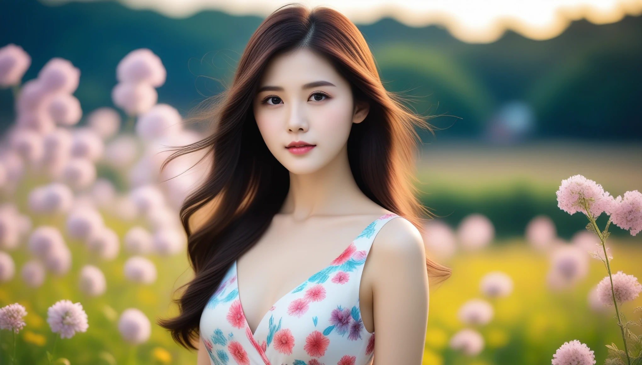 8k, 超High resolution, highest quality, masterpiece, 超Realisticな, photograph, 女の子1 person, (40 years old:1.3), pretty girl, Cute face, Beautiful eyes in every detail, 細かくdetailedに, Dark brown hair、Light brown eyes、The Face of Japan、 Lady、私は40 years oldくらいです.....1 person、(複雑なdetailed:1.2)、 (超High resolution:1.2)、超High resolution、(Finely tuned)、8k resolution、Long Hair、masterpiece，highest quality、(highest quality,4K,8k,High resolution,masterpiece:1.2),非常にdetailed,(Realistic,photoRealistic,photo-Realistic:1.37),ファッションphotograph,, Beautiful details, Deep sorrow、Beautiful lip detail, Long eyelashes,  Stylish makeup, Vibrant, Gorgeous Model, striking a confident pose, Sensual expression, 現代のphotograph技術, Light and shadowの印象的なコントラスト, Soft and natural lighting, White skin, , Add a splash of color to your lips, Dramatic background in vibrant colors, artwork, Mysterious atmosphere, The whisper of the wind blowing through her hair, Graceful and elegant posture, Bokeh effect, (((Floral flowing short dress))), Exquisite accessories, Bold and creative fashion choices, Windmill in the background、Standing in a field surrounded by colorful flowers, (((spring))), sunset,Sexy pose、See through 、Looking at the audience、beauty,Long neck、Laugh a little、Please close your mouth and laugh、(((Ideal body type))),A-cup small breasts :2,Portraiture:2、Perfect Anatomy、鮮明なdetailed、detailed、超Realisticな、Light and shadow,Strong light,Fashion magazine cover,Thin lips