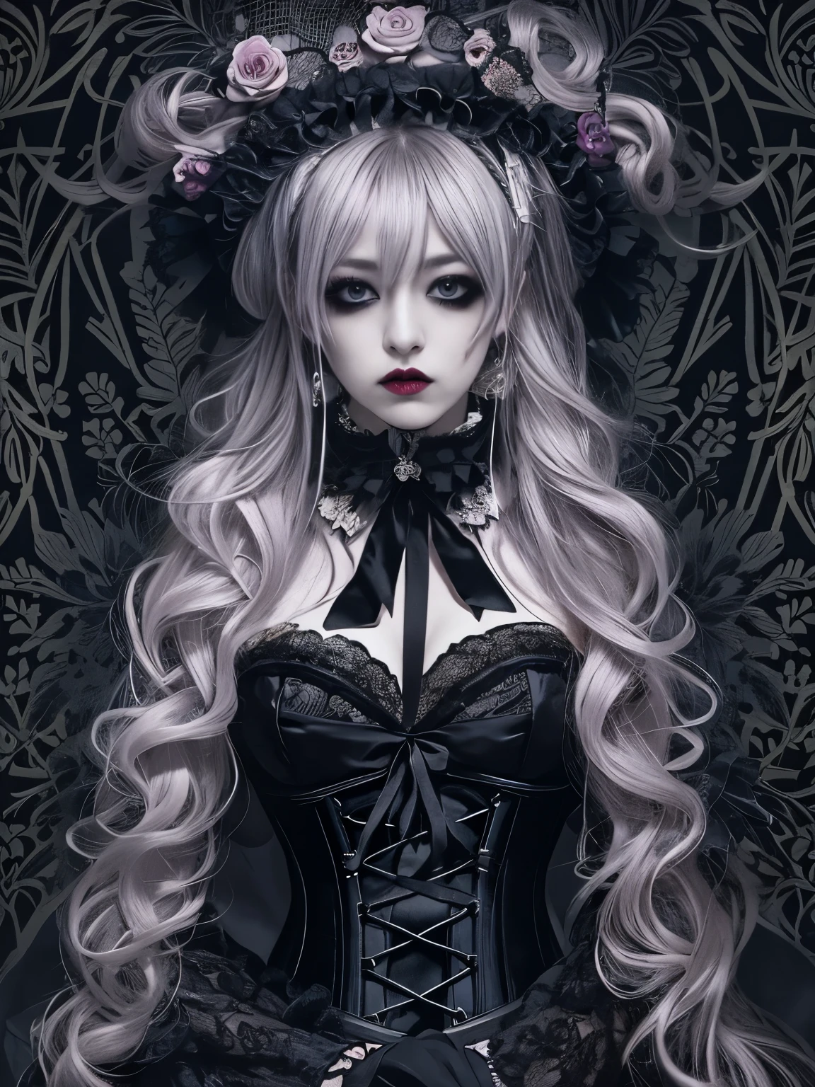 Female figure, She wears a complex visual kei gothic lolita outfit.,Gothic Makeup, A perfect blend of elegance and rebellion. His outfit features a luxurious lace combination., corset, Elaborate accessories, A Victorian top hat adorns his head., Ornately decorated. dark, Flowing hair cascading down her shoulders, Adds a mysterious atmosphere. Dark eyeliner makes your eyes stand out, Complete the avant-garde look. This woman is the embodiment of visual kei gothic lolita.、It exudes an aura of theatrical decadence., Challenging traditional fashion norms with a captivating androgynous look.,Beautiful girls,Goth