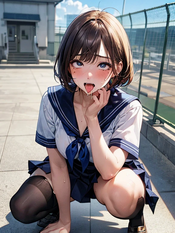 (((Perfect Anatomy, Anatomically correct, Very detailedな肌))), 1 girl, Japanese, high school girl, Shiny skin,
Beautiful Hair, Beautiful Face, Beautiful fine details, (short hair:1.1, Bobcut:1.2), Dark blonde hair:1, blue eyes, Baby Face, Mole under the eye,
Beautiful clavicle, Beautiful body, Beautiful breasts, Large Breasts:0.5, Beautiful thighs, Beautiful feet,
((Short sleeve, cute navy sailor suit, Navy Pleated Skirt, Navy sailor collar, Blue Sailor Scarf, stockings, Brown Loafers)), Captivating thighs, ,
((Ahegao, Embarrassing, Drooling, Open your mouth, Sweaty)), ((squat, Spread your legs, Roll up the skirt yourself)),
(Beautiful views), summer, School rooftop, building, Chain link fence,
8k, highest quality, Masterpiece:1.2, Very detailed), (Realistic), Beautiful illustrations, Natural light, Is urinating