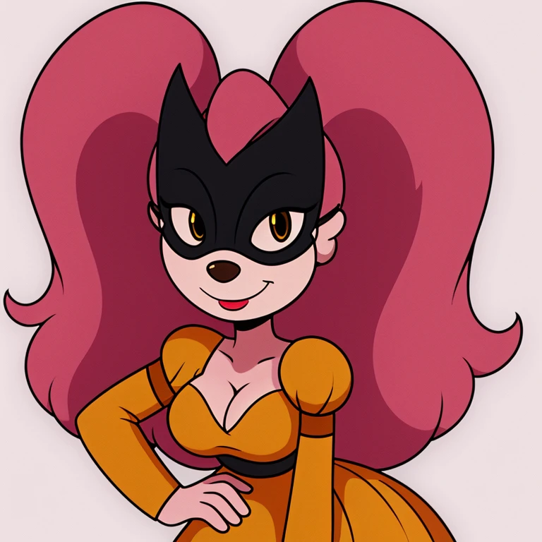 1girl, solo, dress, pink_hair, twintails, masquerade_mask, hand_on_hip, breasts, puffy_sleeves, short_sleeves, smile, cleavage, puffy_short_sleeves, white_background, yellow_dress, long_hair, looking_at_viewer, lipstick