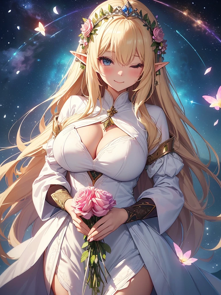 最high quality、1girl  ELF
NP: worst quality ,flower fractal art,
rule of thirds composition,
beautiful glow,
romanticism,
the most beautiful form of chaos, various colors, entangled flower, Particle,magical gentle light,smile,sexy,Image quality、masterpiece、Beautiful Face、Super beautiful elf girl((22 year old office lady with big breasts、Bust 90,Beautiful long ironed hair、blonde、height: 165cm。、sexy、Esbian、、high quality、、background((星nullスキー)))、ビジュアルart、Written boundary depth、、Elf Ears、、Lightのmagic、universe、Happy smile、穏やかなLight、Elven Forest、elegant、ticker beautiful decorative、magicのflower、magic、Light、　null、Beautiful tiara、giant galaxy、myth、art、、White Dress、Pink Rose、A kind smile、wonderful、舞い散るflowerびら、Spectacular landscapes、Beautiful Landscape、universeのmagic、magic陣、magicのLight、Fantasy、flower、super REALITY、magic、universeを飛ぶ、、Grow Fantasy、、mysteryのLight、、Elven Nation、　たくさんのflower、、art、art,mystery,Ultra-high resolution,magicalgentle light,sexy、