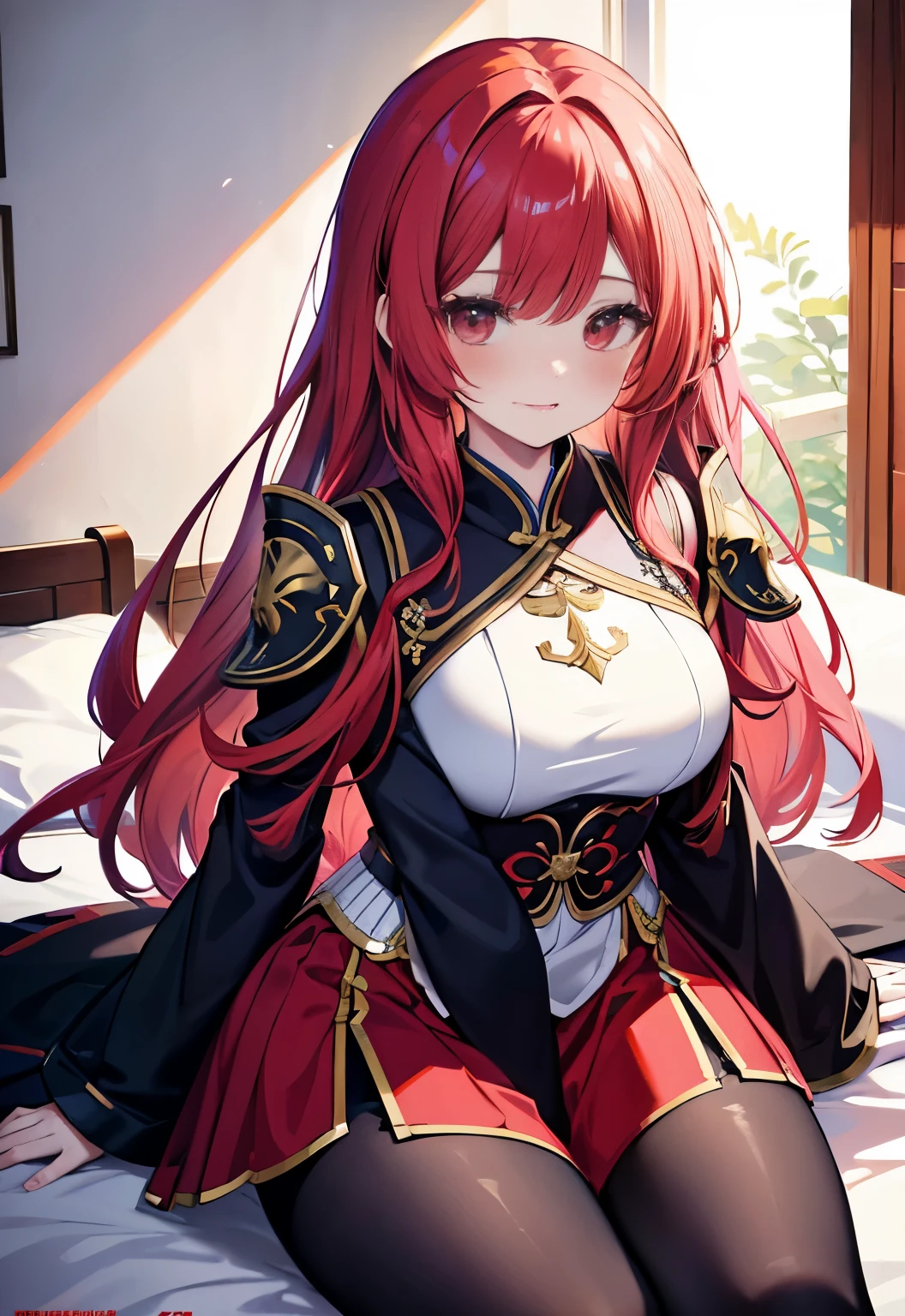 Red hair，Red Eyes，Long hair，Double tail，blush，Li Xiuning（destiny）Large Breasts，Red Hanfu armor，Bedroom background，Female General