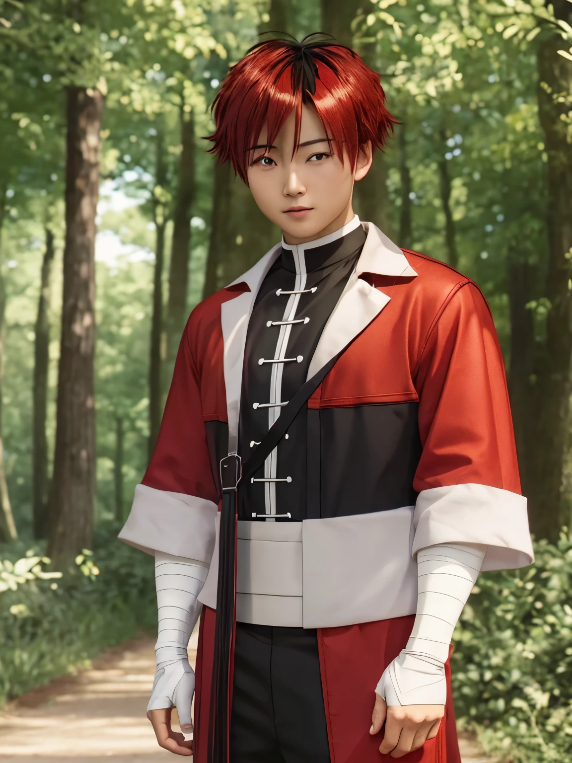 masterpiece, best quality, realisti, cosplayer, Asian man, 1boy, solo, male focus, looking at viewer, upper body, depth of field, anime coloring, , stark_sousou_no_frieren, red hair, red eyes, multicolored hair, black hair, two-tone hair, geek costume, village, outdoor, standing 