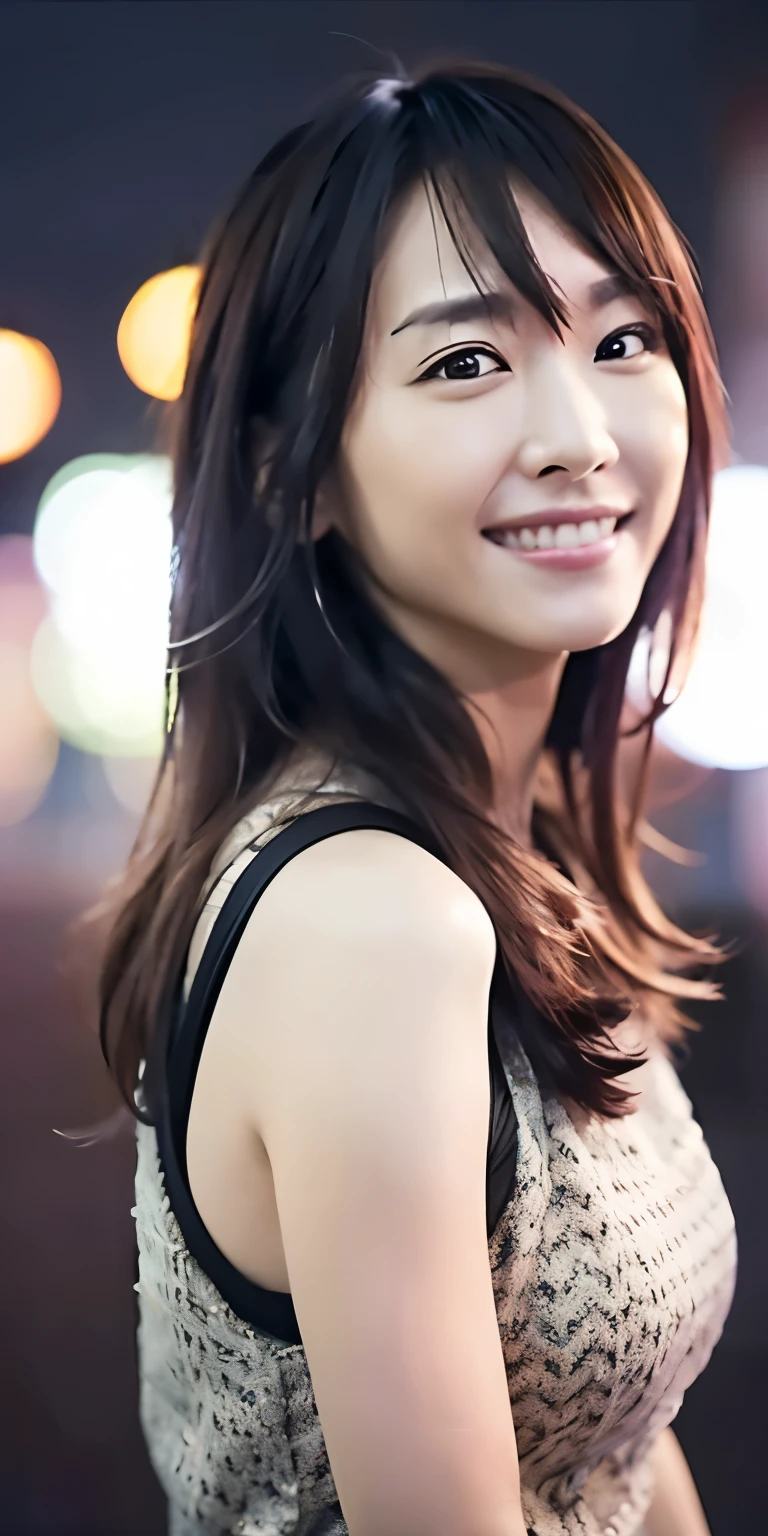 One girl, Tokyo Street,night, Cityscape,City lights,Upper Body,close,smile,, (8k, RAW Photos, highest quality, masterpiece:1.2),(Realistic, photo-Realistic:1.37),