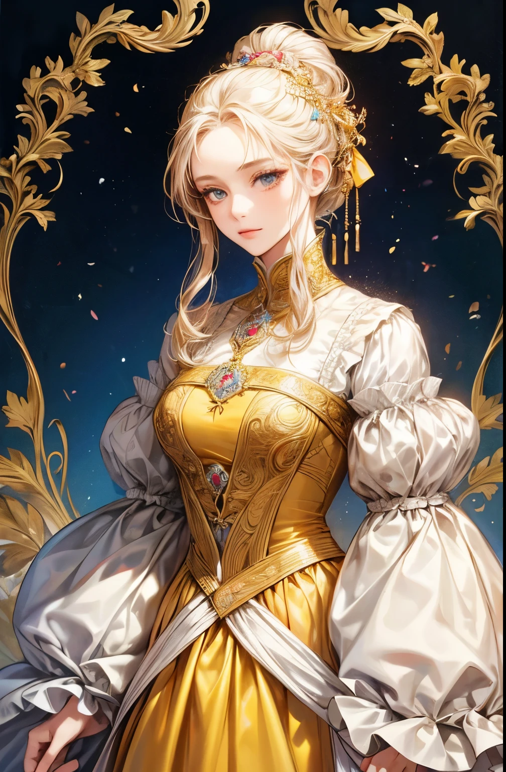 A girl in a baroque-style setting, wearing a long dress with long sleeves. Her attire is elegant and her dress has vibrant colors. The focus of the image is on the girl's upper body. The image should have the highest quality and be ultra-detailed.