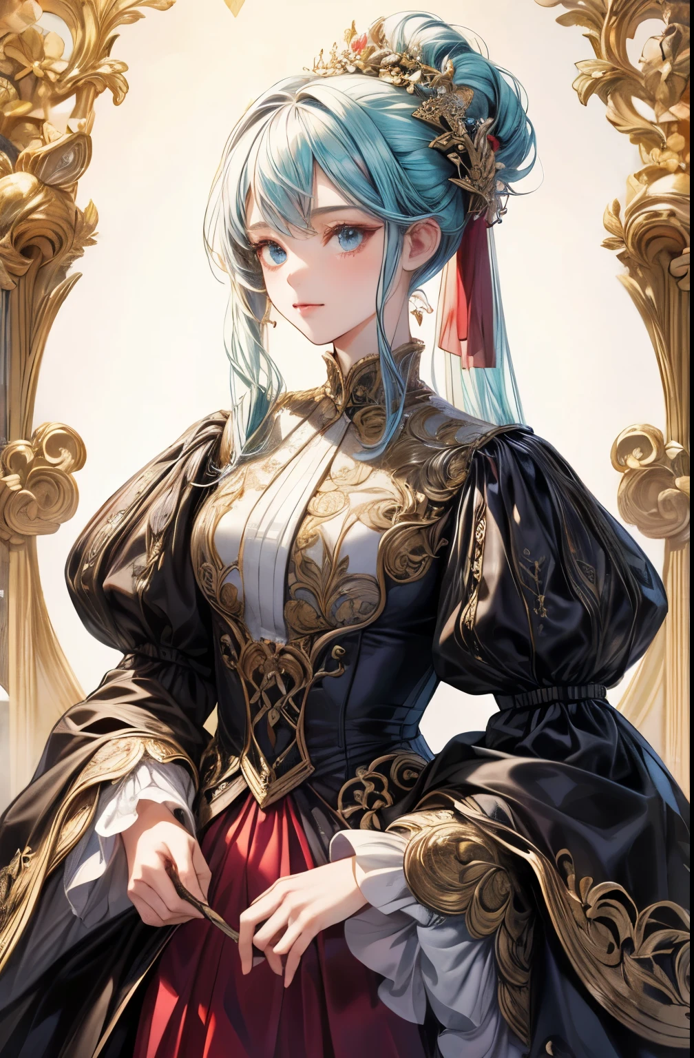 1girl,baroque style,long dress,long sleeves,elegant,vibrant colors,most detailed,upper body,(best quality,highres,ultra-detailed)