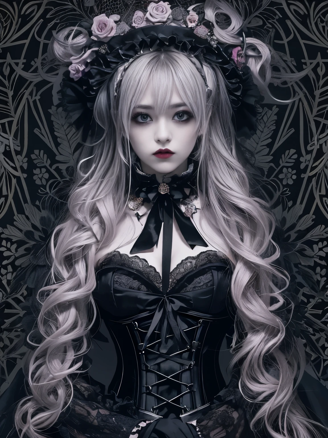 Female figure, She wears a complex visual kei gothic ta outfit.,Gothic Makeup, A perfect blend of elegance and rebellion. His outfit features a luxurious lace combination., corset, Elaborate accessories, A Victorian top hat adorns his head., Ornately decorated. dark, Flowing hair cascading down her shoulders, Adds a mysterious atmosphere. Dark eyeliner makes your eyes stand out, Complete the avant-garde look. This woman is the embodiment of visual kei gothic loliIt exudes an aura of theatrical decadence., Challenging traditional fashion norms with a captivating androgynous look.,Beautiful girls,Goth