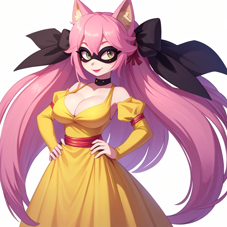 1girl, solo, dress, pink_hair, twintails, masquerade_mask, hand_on_hip, breasts, puffy_sleeves, short_sleeves, smile, cleavage, puffy_short_sleeves, white_background, yellow_dress, long_hair, looking_at_viewer, lipstick