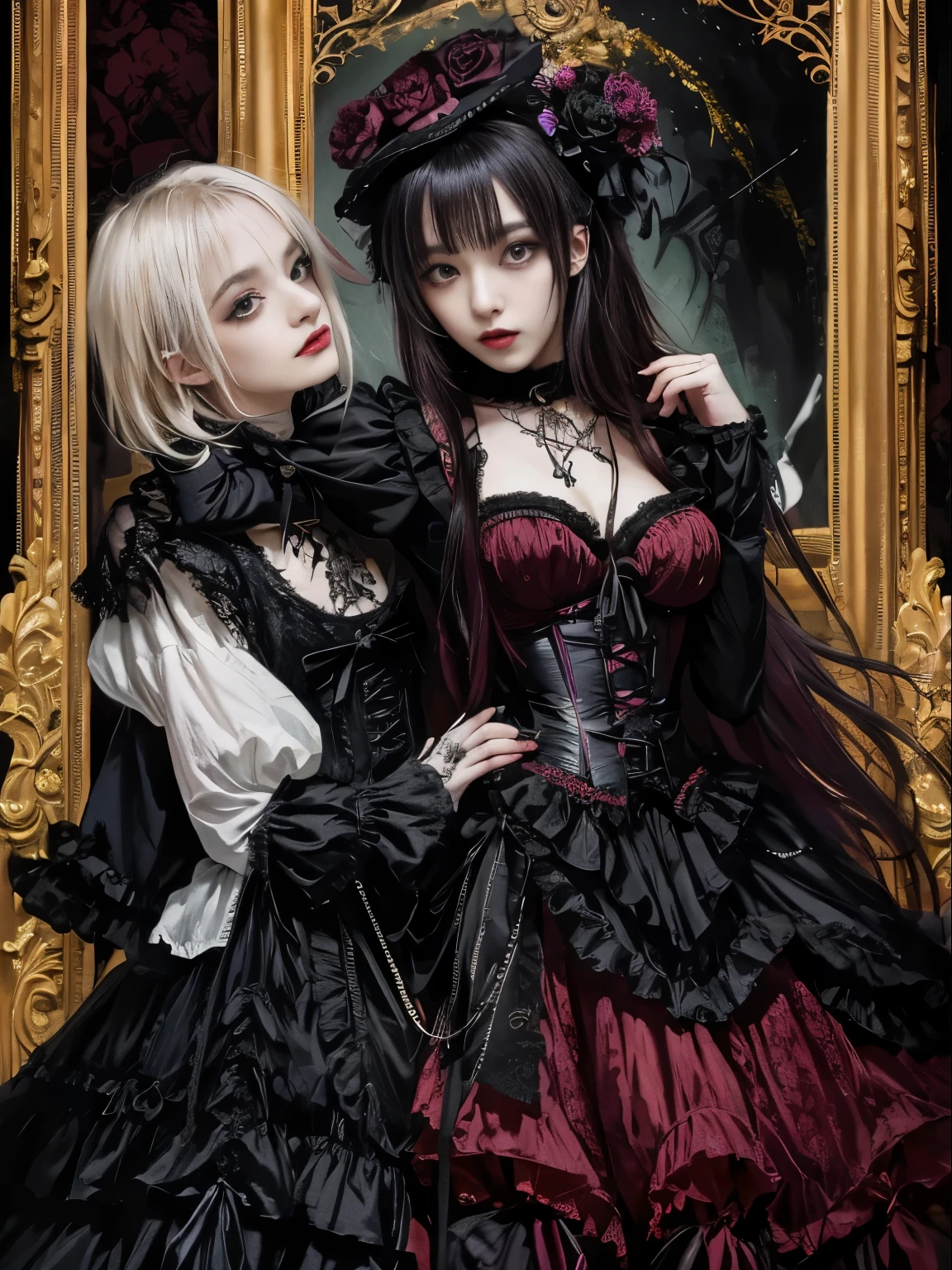 Female figure, She wears a complex visual kei gothic lolita outfit.,Gothic Makeup, A perfect blend of elegance and rebellion. His outfit features a luxurious lace combination., corset, Elaborate accessories, A Victorian top hat adorns his head., Ornately decorated. dark, Flowing hair cascading down her shoulders, Adds a mysterious atmosphere. Dark eyeliner makes your eyes stand out, Complete the avant-garde look. This woman is the embodiment of visual kei gothic lolita.、It exudes an aura of theatrical decadence., Challenging traditional fashion norms with a captivating androgynous look.,Beautiful girls,Goth