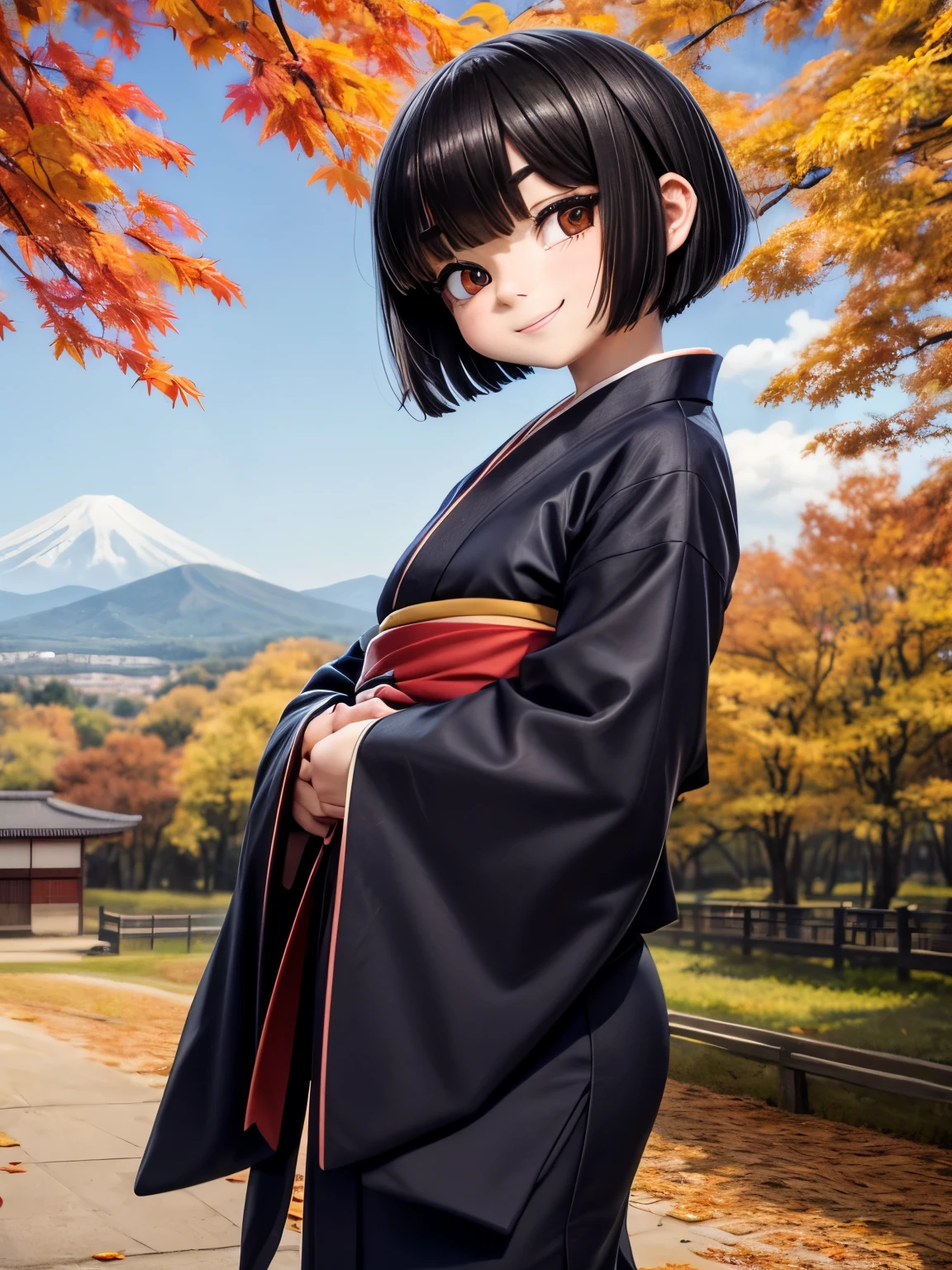 Japanese countryside,blue sky,autumn leaves,autumn leaves,Bobcut,Black Hair,Dark Eyes,11 years old,boyish,Thick eyebrows.Japanese,smile,kimono,