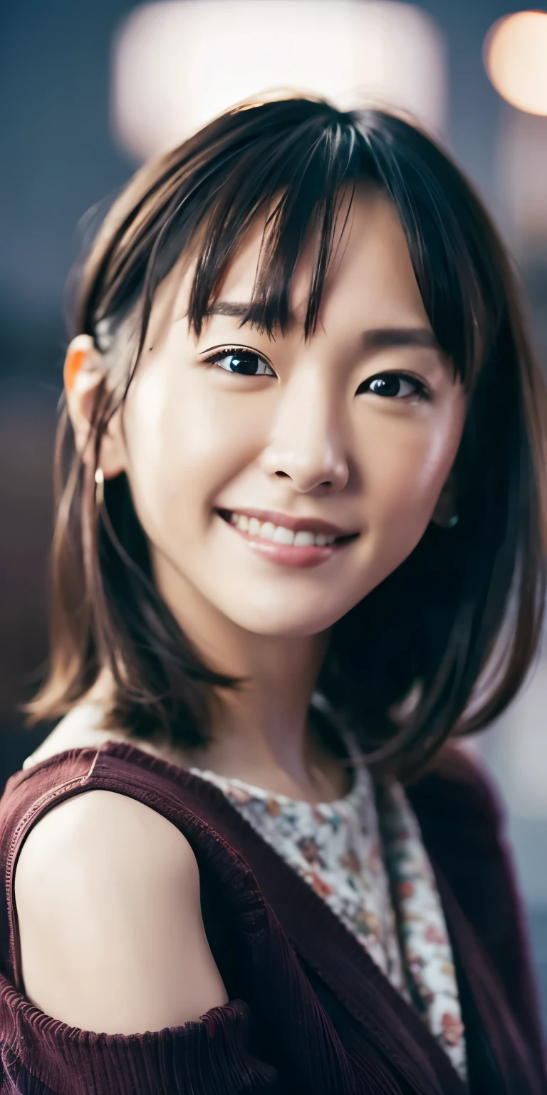 One girl, Tokyo Street,night, Cityscape,City lights,Upper Body,close,smile,, (8k, RAW Photos, highest quality, masterpiece:1.2),(Realistic, photo-Realistic:1.37),