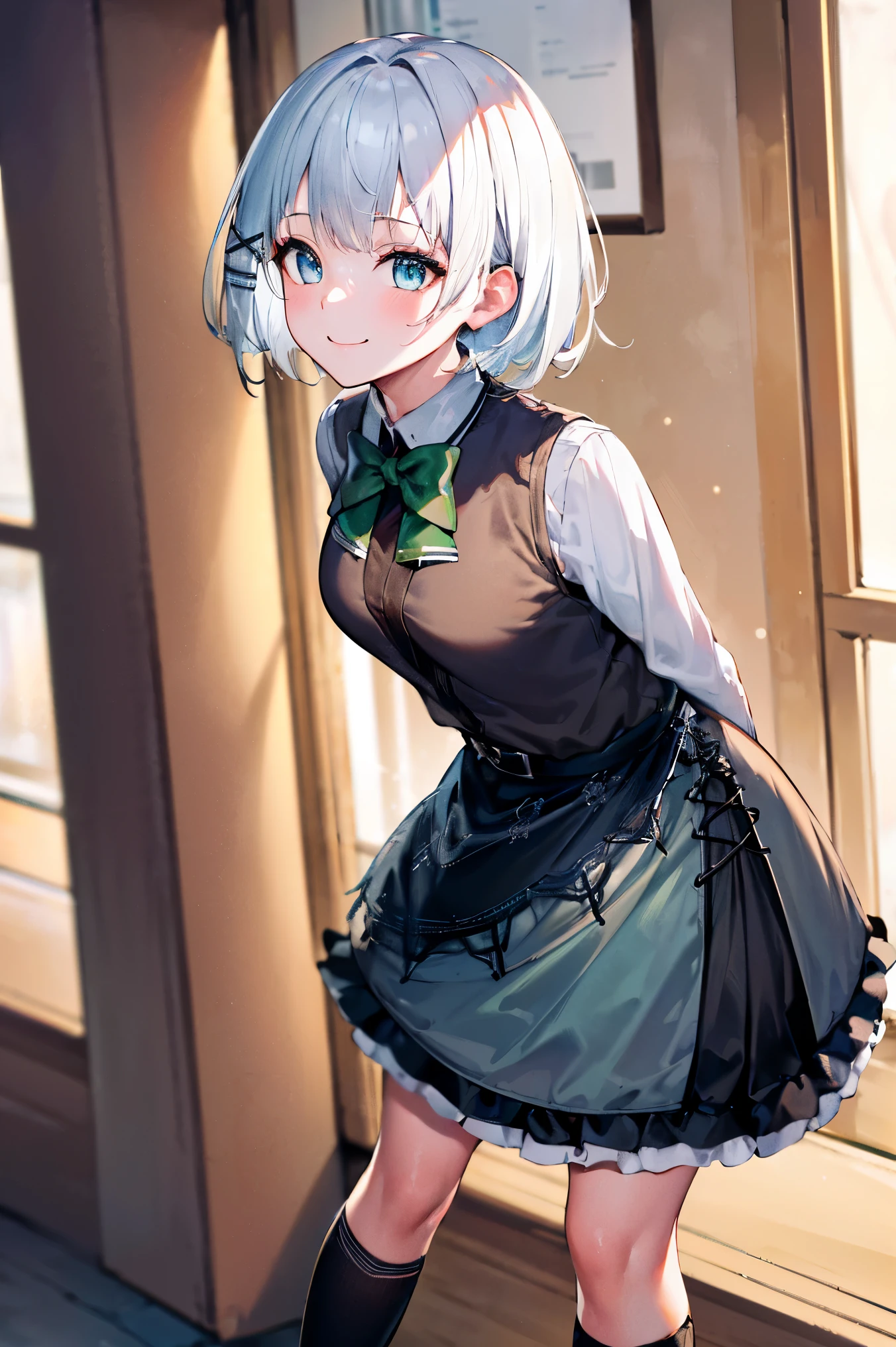 masterpiece, best quality, highres, 1girl white hair blue eyes x hair ornament,(wearing black footwear, kneehighs, green skirt, black socks, loafers, green bow, sweater vest, green ribbon:1.2), standing, leaning forward, arms behind back, smile, simple background,NSFW,official art,extremely detailed CG unity 8k wallpaper, perfect lighting, (masterpiece:1.0),(best_quality:1.0), ultra high res,4K,ultra-detailed, photography, 8K, HDR, highres, absurdres:1.2, Kodak portra 400, film grain, blurry background, bokeh:1.2, lens flare, (vibrant_color:1.2),(beautiful_face:1.5),(narrow_waist),(perfect hands, perfect anatomy),