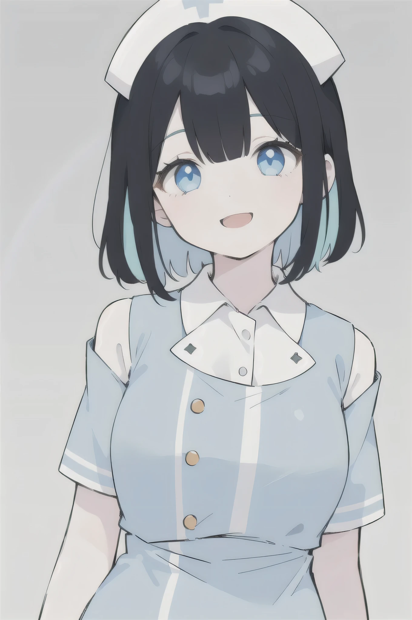 1girl, solo, cute, shoulder-length black hair, matching bangs, rainbow stripes in the hair, colorful saturated stripes in the hair, saturated stripes in the hair, light blue stripes, light blue eyes, light blue nurse uniform, nurse hat , smiling expression, breasts not big