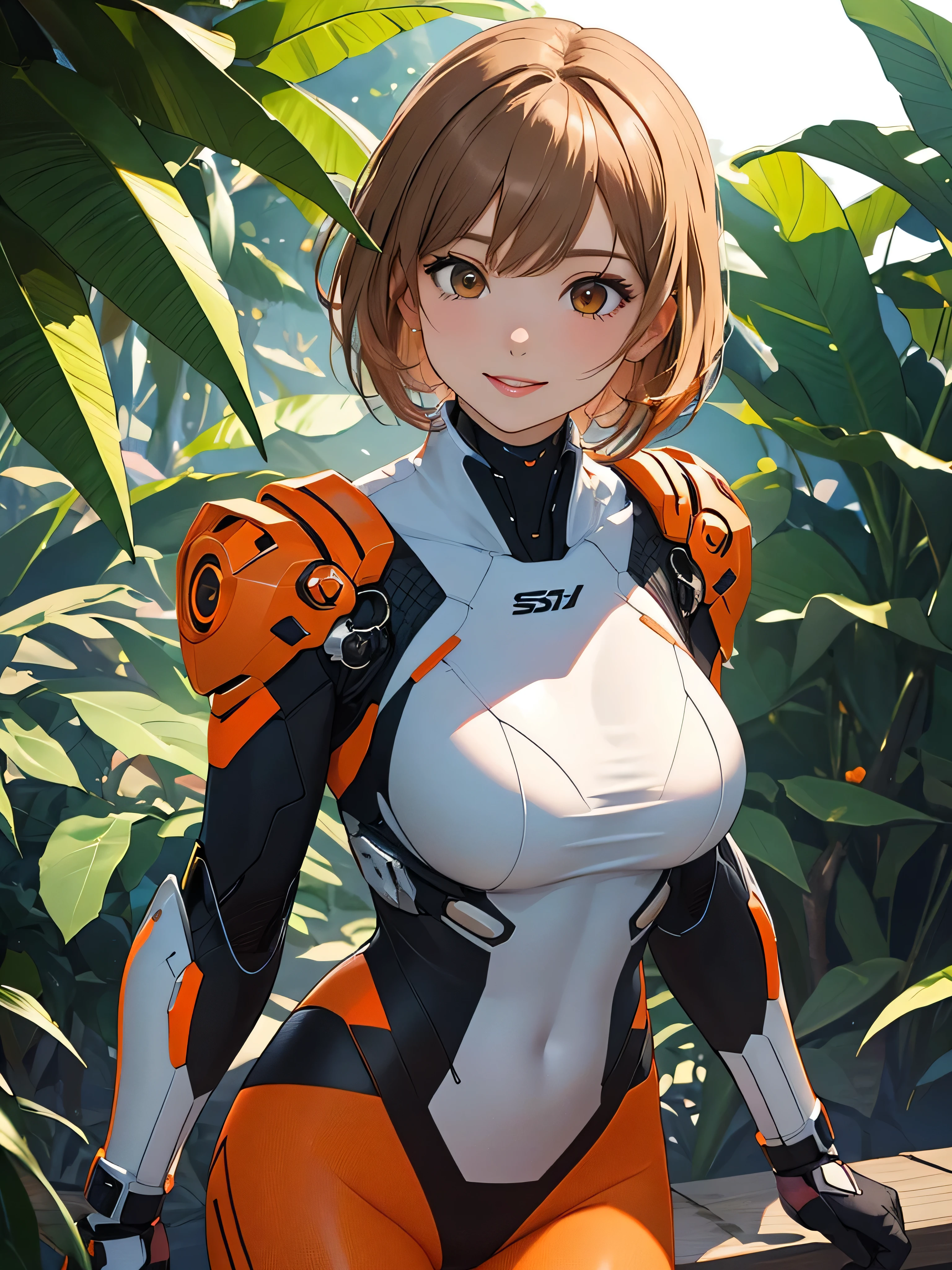 (Transparent and revealing clothing:1.3, ),(Cyber Girl:1.3),(((Cyber Suit))), Open jacket,（Run through the jungle.:1.3）,(((Shiny light brown and orange striped short hair))),Cute Smile,Perfect round face,A bright smile that makes everyone happy,Big Breasts,Accentuate your breasts,Perfect body curves,Beautiful clavicle、
Wet Hair,Wet Face,Wet body,Wet Skin,Wet costume,
Detailed clothing features,Detailed hair features,Detailed facial features,Looking at the camera,(Dynamic Angle),(Dynamic and sexy pose),Cinematic Light,(Pieces fly,highest quality,Ultra-high resolution output images,Written boundary depth,Intricate details,The contrast of light and shadow makes the subject appear three-dimensional,) ,Digital Illustration,Single-lens reflex camera, (Photorealistic:1.3),(8K quality,Anatomically correct facial structure,),(SeaArt 2 Mode:1.3),(Picture Mode Ultra HD,)