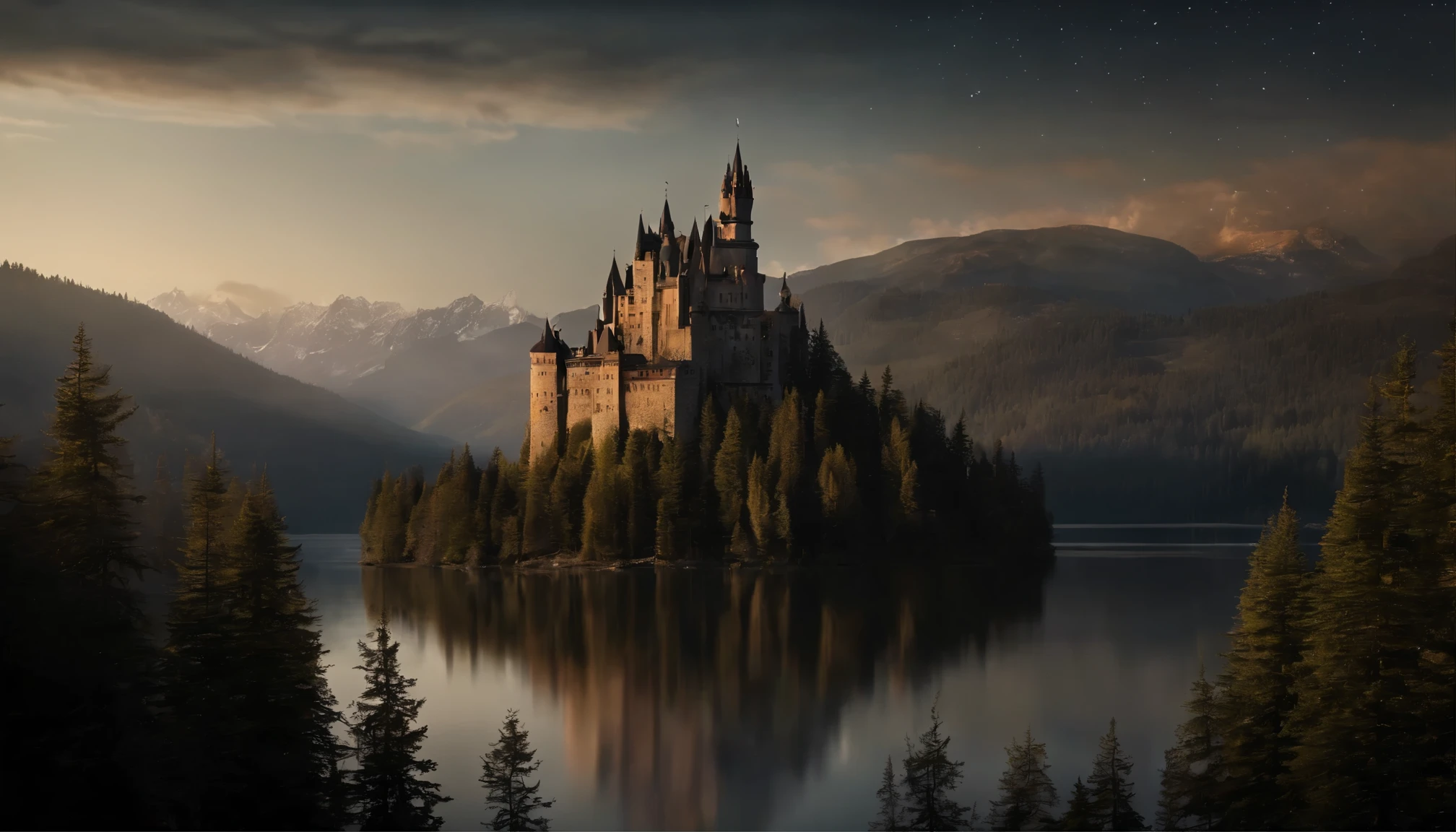 Big castle in the mountains, high towers, forest of nine conifers, lake in front of the castle, dark starry night, the moon