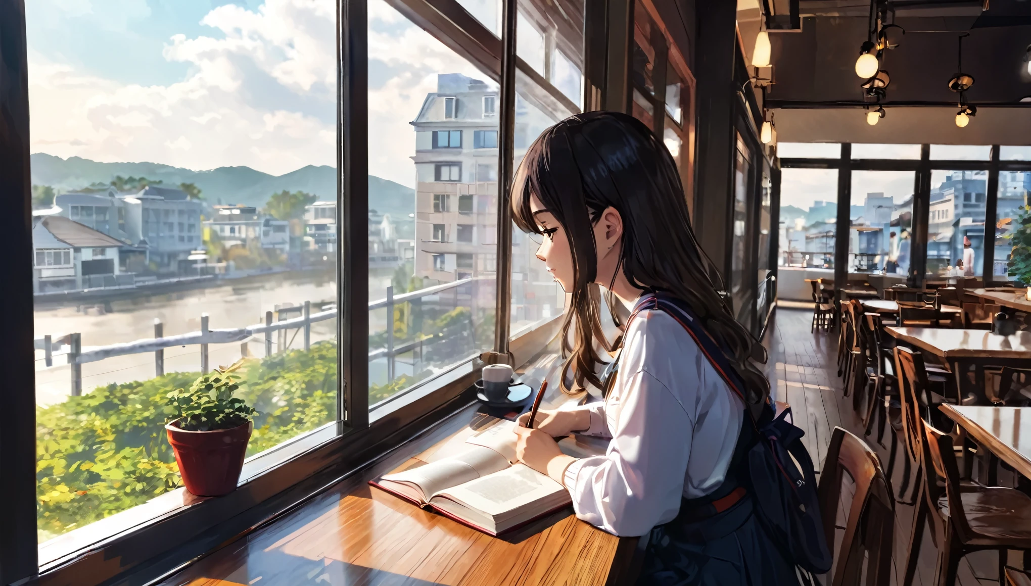 Girl studying by the window in a cafe。Beautiful view from the window。