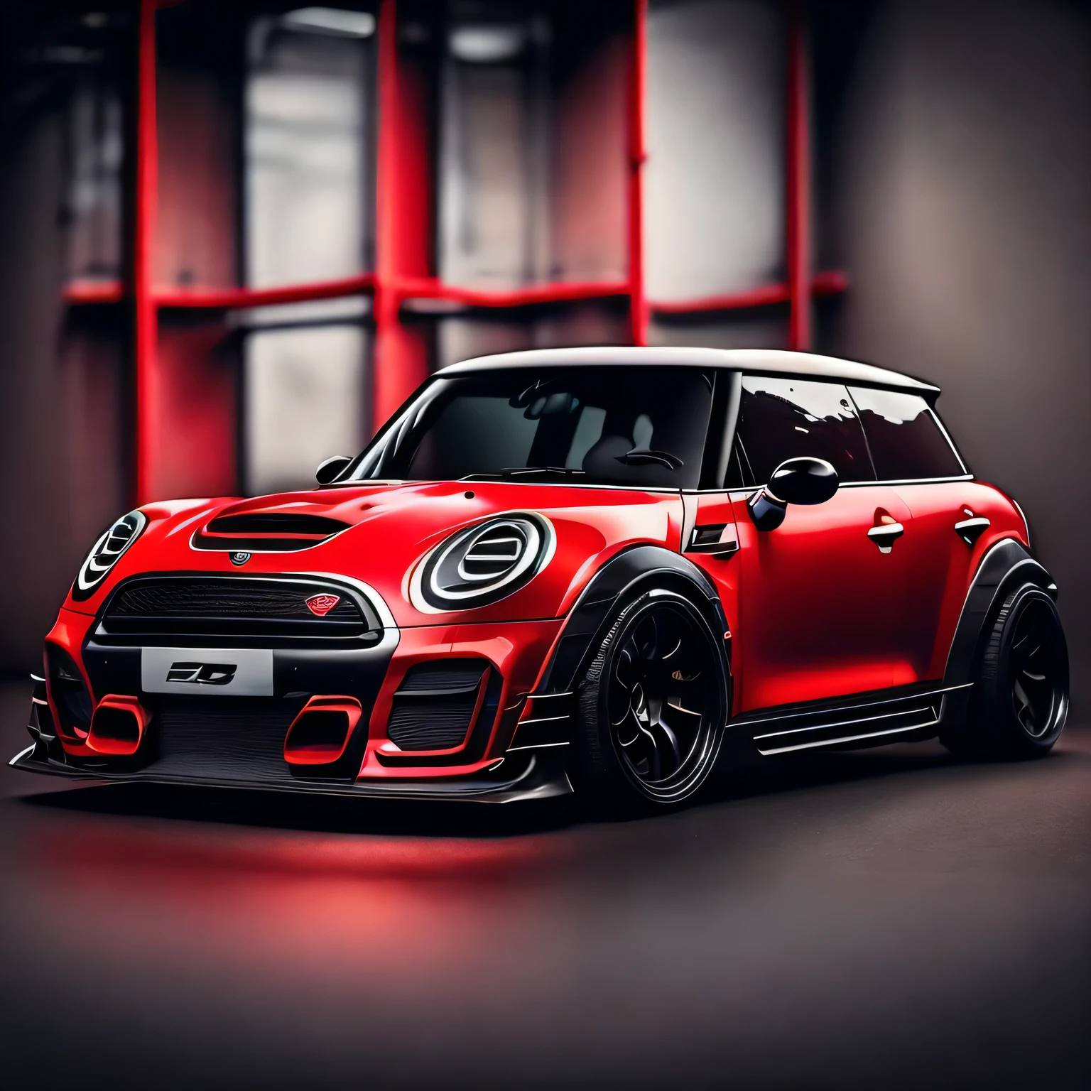 Tshirt design, bright red coloured R56 Mini Cooper S in tunnel design impactful colourful paint highly detailed vibrant colours 8k, sharp high contrast high saturated ((carbon fibre, Liberty walk ultra wide body kit)), aggressive stance ((background: racetrack outside old industrial style building large windows in background heavy industrial look)), 8K quality realistic realism sharp detailed ultrawide black and carbon fibre and deep colour scheme front profile epic stance epic ultra wide body kit aggressive looks vector image with faded out backgrounds edges