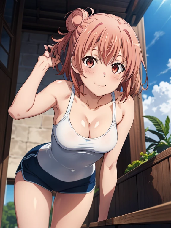 ((masutepiece, Best Quality, hight resolution, nffsw, Perfect Pixel, depth of fields, 4K, )), 1girl in, Solo, , Beautiful anime girl, Beautiful Art Style,
very low view angle:1.3, view from below:1.5, sky from below:1.5, bathroom background, standing:1.5,
Perfect body, smile face:1.5, medium cleavage:1.5,
Yuigahama Yui, Hair bun, short hair, large breasts, short blue pants:1.5, black tank:1.5, spread legs:1.5,
Full face blush, black knee socks:1.5, red converse:1.5, white onebody swimsuit:1.3, red face,
straight on:1.3, medium shot