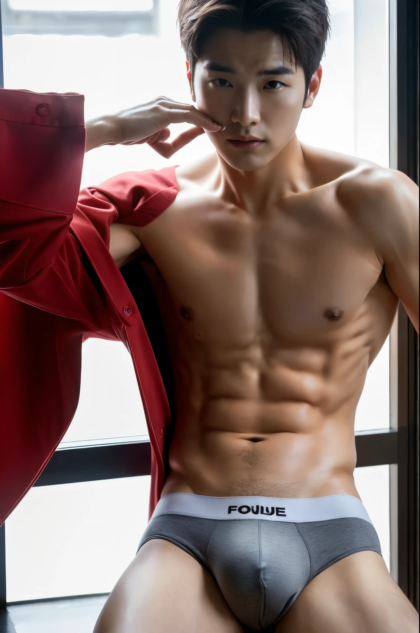 ((highest quality)), (detailed), Perfect Face, Korean Man, No shirt, Beautiful Face, Chest muscles, The volume of the underwear, protuberance, big, futurist, Corpo thin, Hoarse voice, thin, big nice protuberance, Handsome Korean actors, Sensualポーズ, Sensual