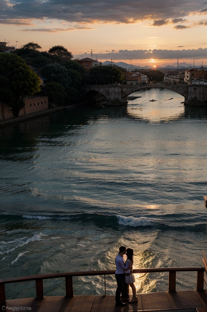 Amanecer, y novios en un puente