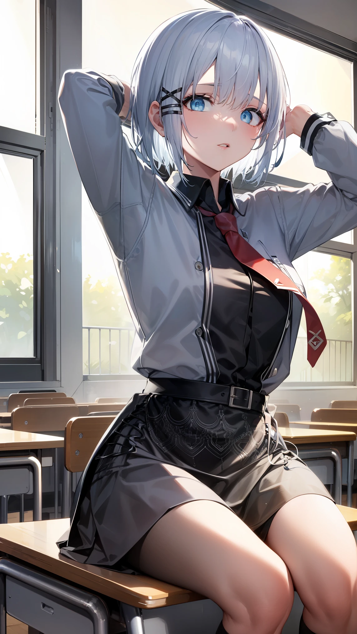 white hair, blue eyes, x hair ornament,
BREAK (school uniform, shirt, skirt, jacket, necktie:1.2),
BREAK folds hands behind head,open legs,
BREAK indoors, classroom,
BREAK (masterpiece:1.2), best quality, high resolution, unity 8k wallpaper, (illustration:0.8), (beautiful detailed eyes:1.6), extremely detailed face, perfect lighting, extremely detailed CG, (perfect hands, perfect anatomy),