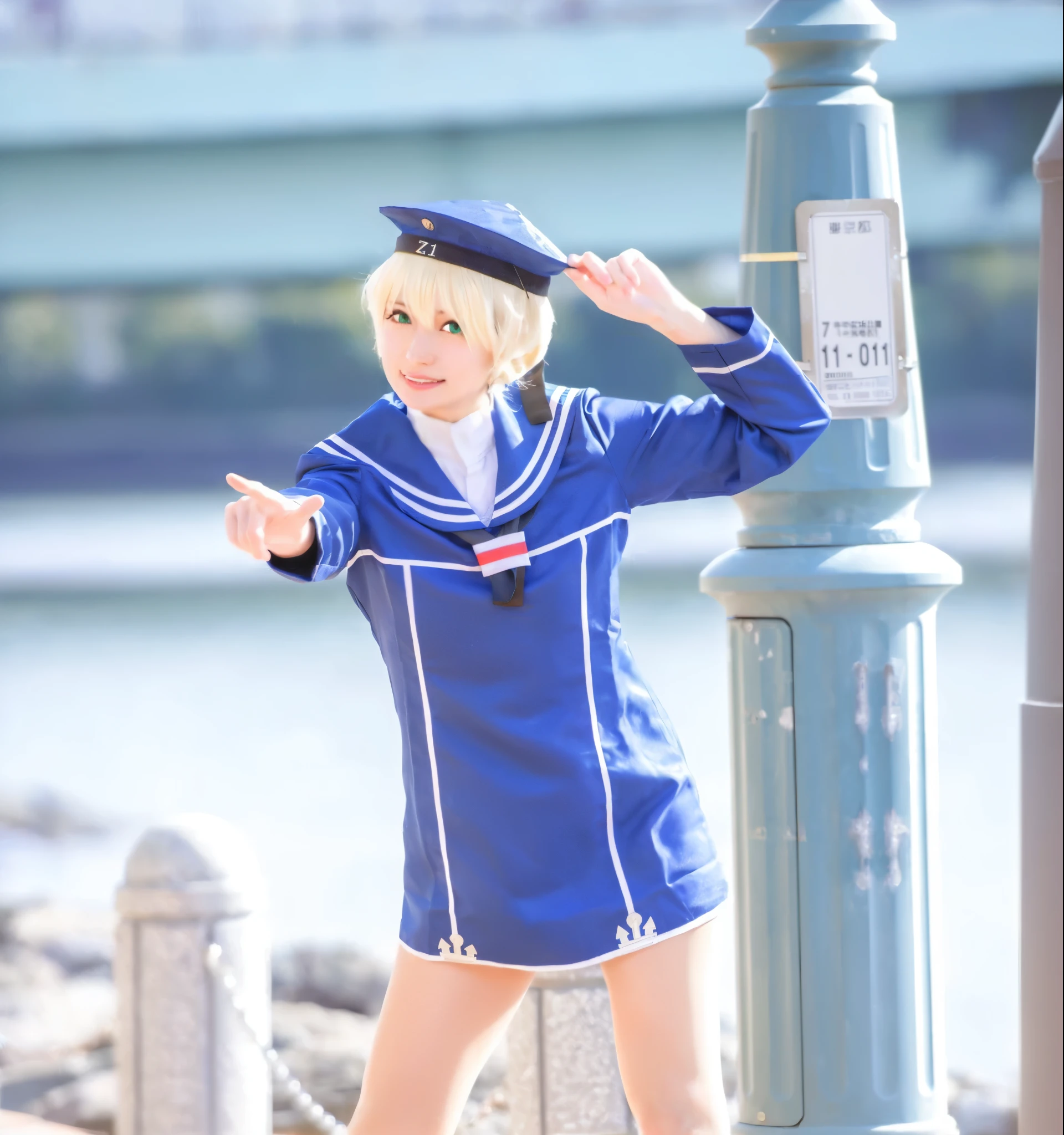 sailor girl in Blue Uniform posing by a light post, Sailor suit, anime girl Cosplay, ayaka Cosplay, Rorish, anime Cosplay, Also, loose coat collar Sailor suit, Kantai Collection Style, Cosplay photo, Sailor suit, rei hiroe, Cosplay, female Sailor suits, Navy Leotard Costume, Blue Uniform, Anime Pose, publicity Cosplay, Cosplayer　boxing