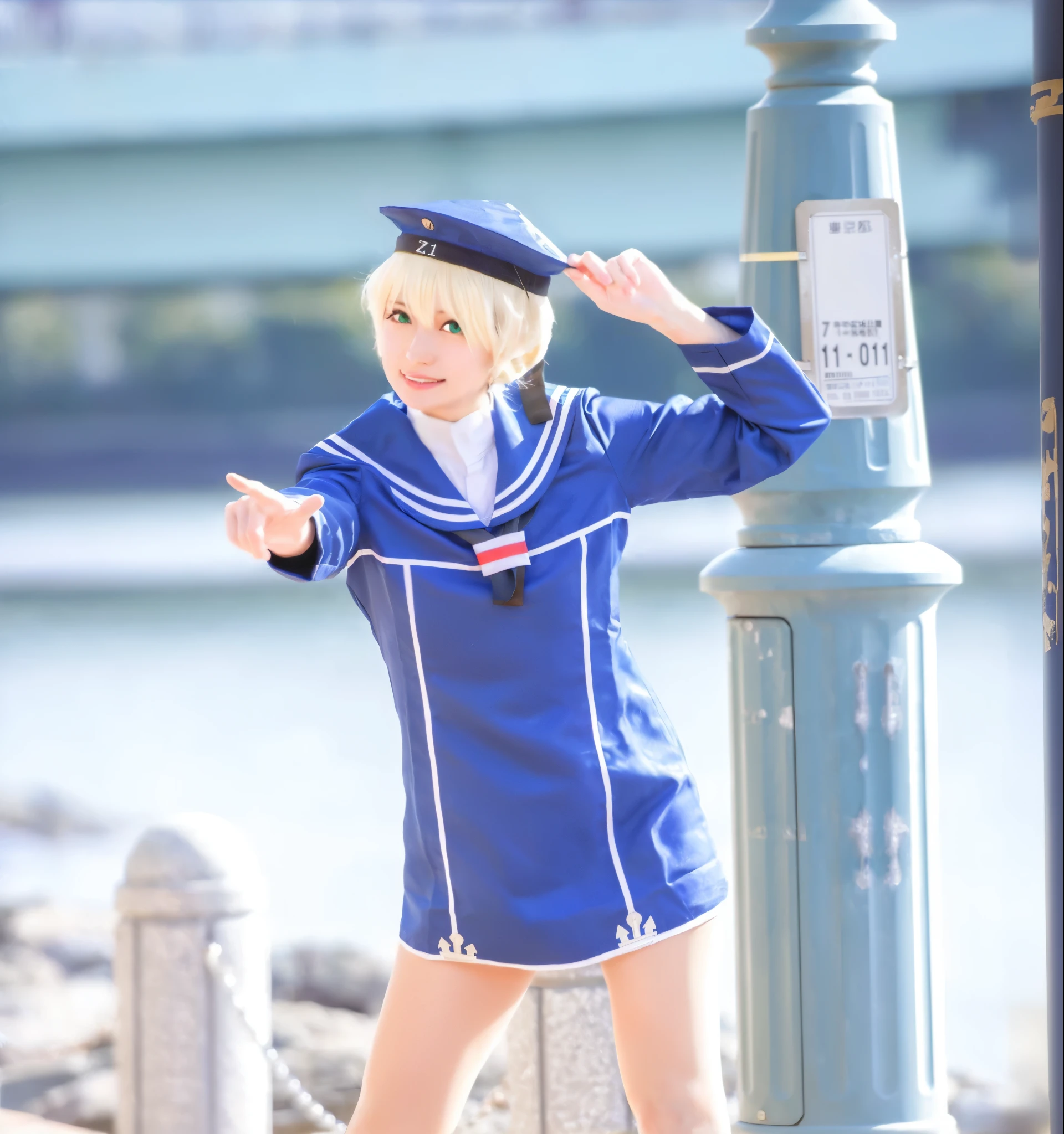 sailor girl in Blue Uniform posing by a light post, Sailor suit, anime girl Cosplay, ayaka Cosplay, Rorish, anime Cosplay, Also, loose coat collar Sailor suit, Kantai Collection Style, Cosplay photo, Sailor suit, rei hiroe, Cosplay, female Sailor suits, Navy Leotard Costume, Blue Uniform, Anime Pose, publicity Cosplay, Cosplayer boxing