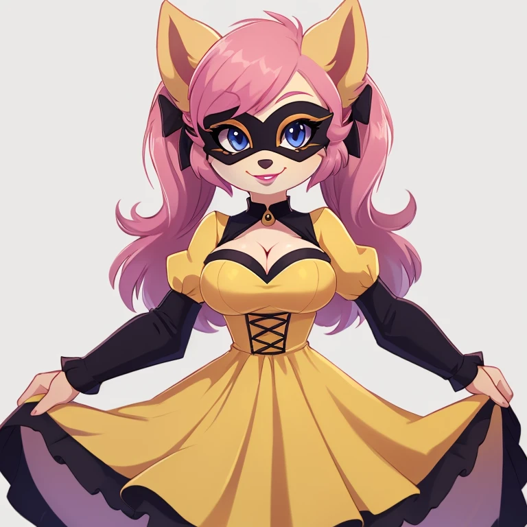1girl, solo, dress, pink_hair, twintails, masquerade_mask, hand_on_hip, breasts, puffy_sleeves, short_sleeves, smile, cleavage, puffy_short_sleeves, white_background, yellow_dress, long_hair, looking_at_viewer, lipstick