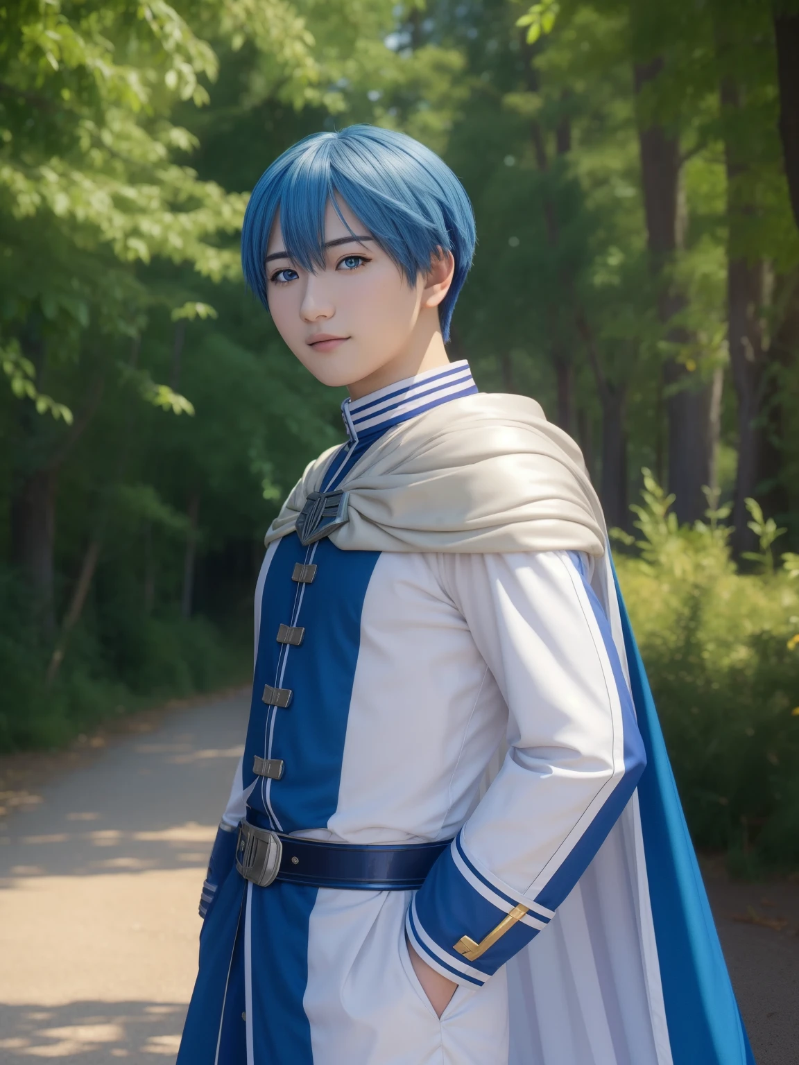 masterpiece, best quality, hd, realistic, cosplayer, Asian young man, 20 y.o, 1boy, solo, male focus, looking at viewer, standing, depth of field, anime coloring, , himmel_sousou_no_frieren, blue hair, blue eyes, outdoor 