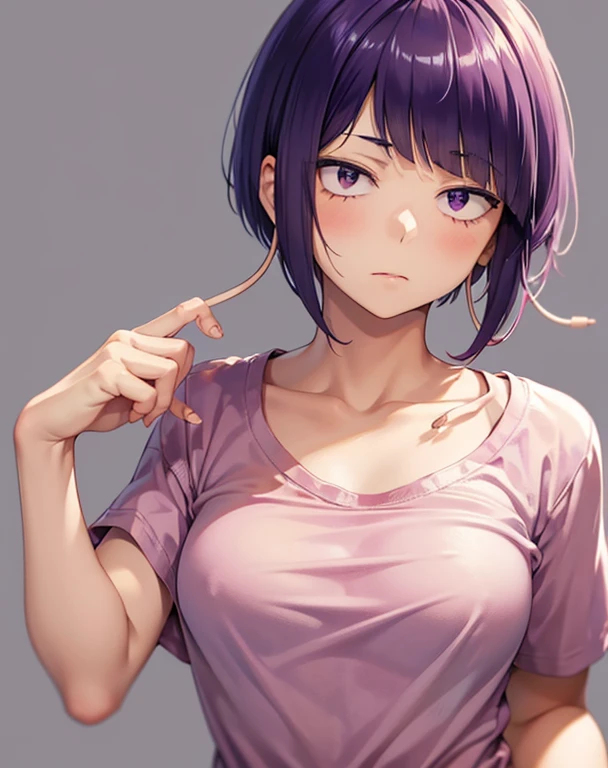 Kyoka Jiro, One girl, alone, chest, blush, short hair, bangs, Simple Background, shirt, White Background, Mouth closed, Purple eyes, clavicle, Lower Body,Purple Hair, Short sleeve, blunt bangs, avert your eyes, t-shirt, pink shirt, Long earlobes、tits
