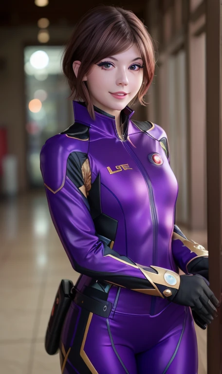 meggii2023, 1 girl, uhd, best quality, purple suit, masterpiece, photorealistic, brown hair, raw image, wearing purple ironman suit, armored suit, glowing, short hair, mascara, big eyelashes, closeup, brown eyes, cute smile,