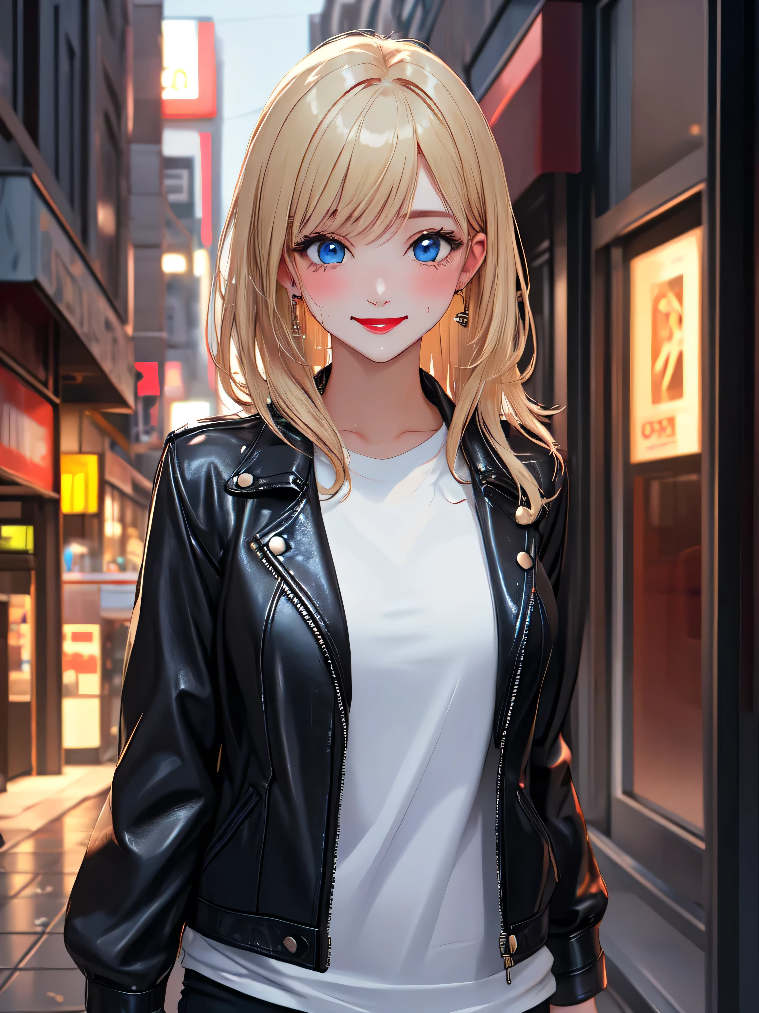 (high quality, High resolution, Fine details), Black leather jacket, Glossy red lipstick, disheveled blonde hair, urban environment, Dramatic lighting, alone, Curvy Women, blue eyes, (Fine grain), smile, blush, Sweat, Oily skin, Shallow depth of field