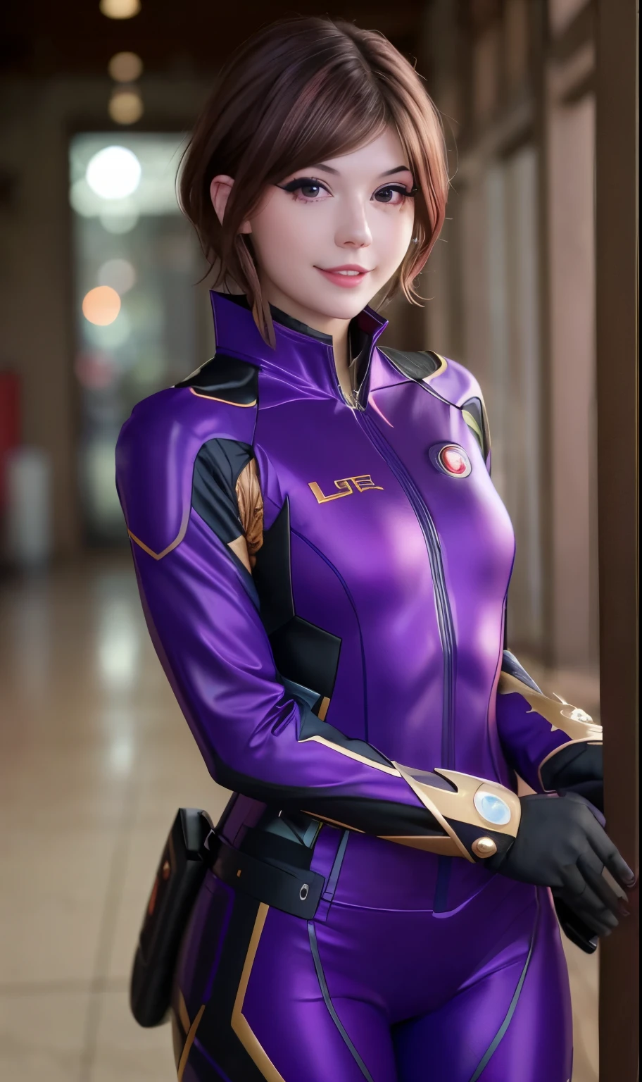 meggii2023, 1 girl, uhd, best quality, purple suit, masterpiece, photorealistic, brown hair, raw image, wearing purple ironman suit, armored suit, glowing, short hair, mascara, big eyelashes, closeup, brown eyes, cute smile,